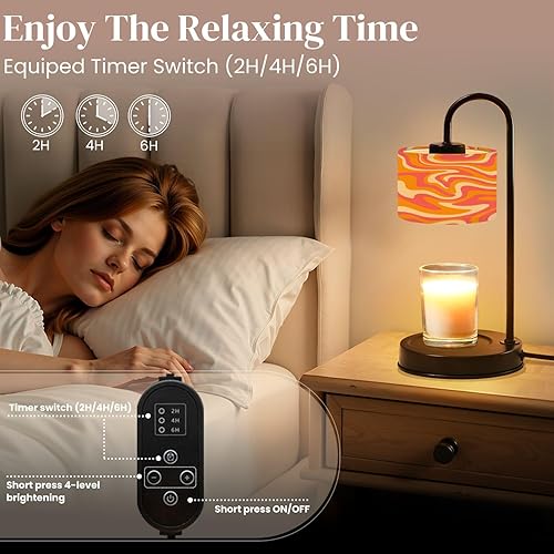 Miniatura 4 de Lámpara calentadora de velas con temporizador y atenuador, retro de los años 70, líneas onduladas abstractas psicodélicas, rosa, naranja, beige,