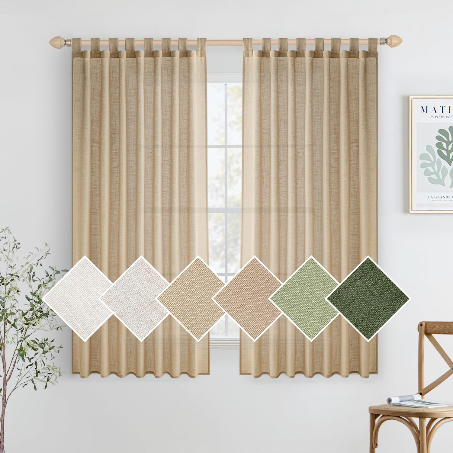 Woaboy Cortinas Cortas de Lino Visillo Translúcido Cortinas Dormitorio Modernas Decorativas para Ventana Salón Habitación 2 Piezas 140x175cm Beige