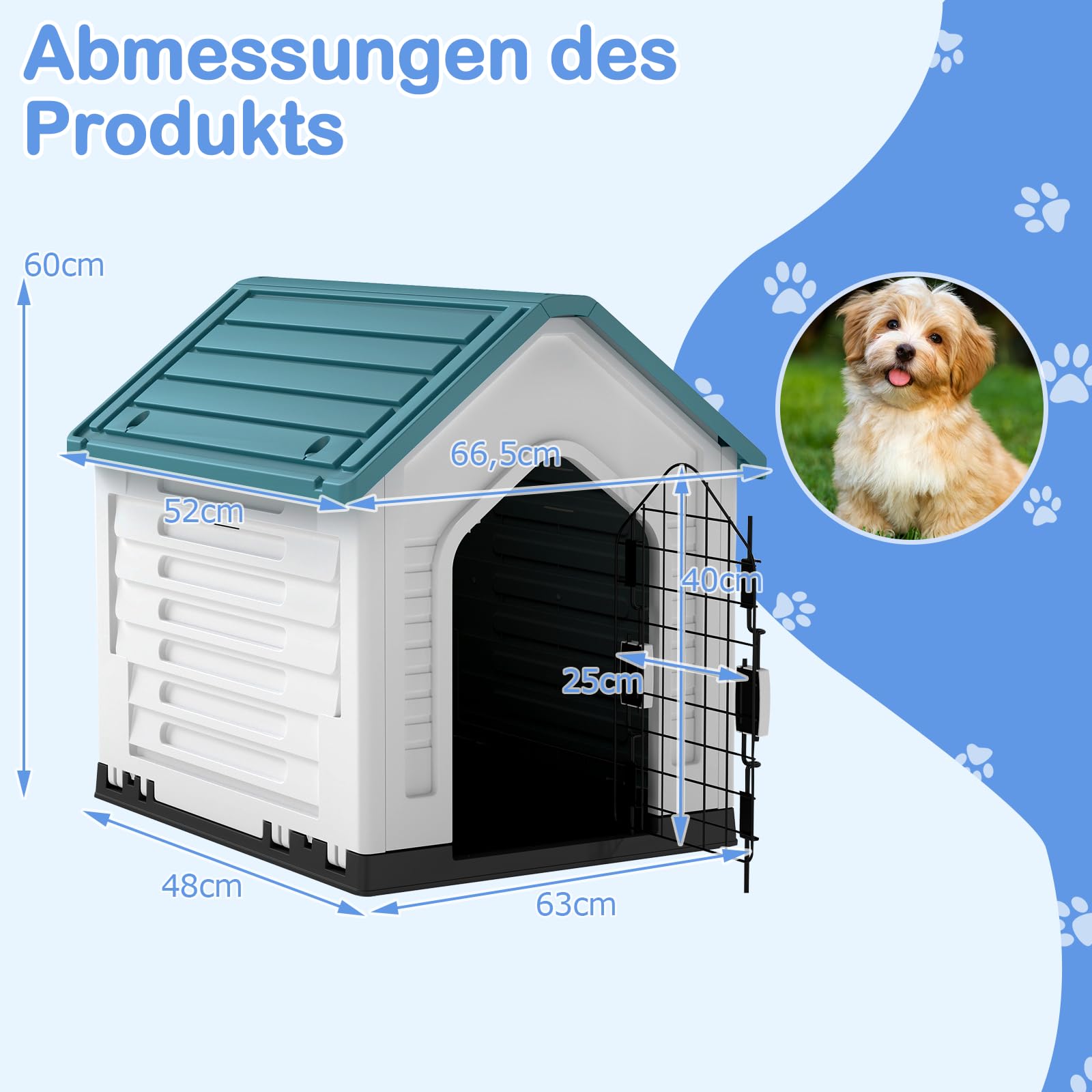 GOPLUS Hundehütte Outdoor, Hundehütte wetterfest mit verschließbarer Gittertür & erhöhter Boden, Luftventile, Schrägdach, Hundekäfig Indoor, Haustierhaus Zuhause für Hunde & Katzen (Blau)