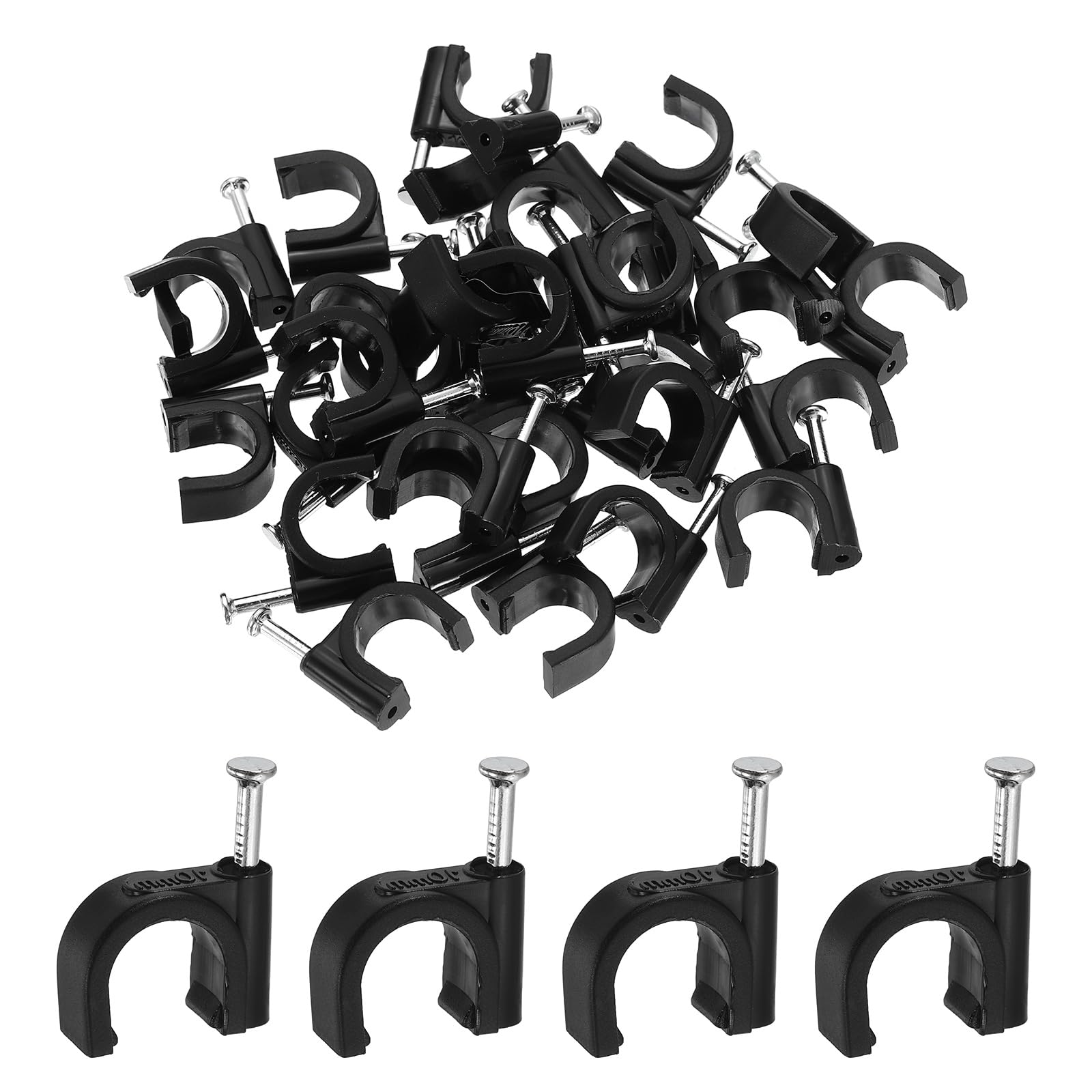 sourcing map 60pcs Cable Clips with Nail 10mm ID Circular Single Half Clamp J-Hook with Nail Cord Clips for Wires on Wall for Ethernet Tacks Coax Pex Tubing Pipe Support, Black