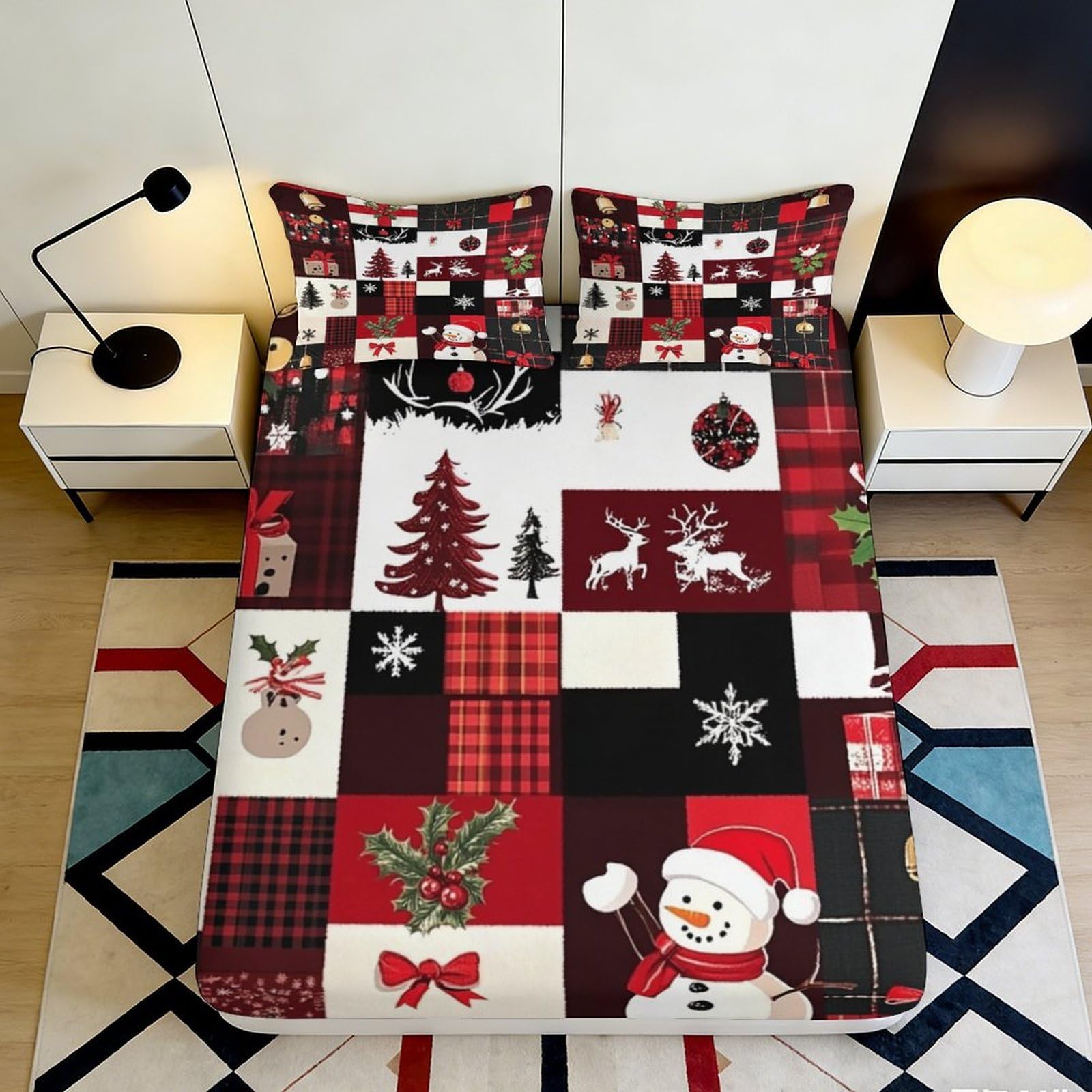 3D Printed Christmas Patchwork Fitted Sheet Microfiber Red Plaid Snowman Bed Cover for Bedroom Guest Room Mattress Decor 90x200x25cm