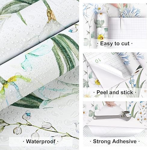 Miniatura 2 de Papel tapiz floral para despegar y pegar, papel de contacto con margaritas blancas, papel tapiz floral bohemio de 17.5 x 118 pulgadas, papel de