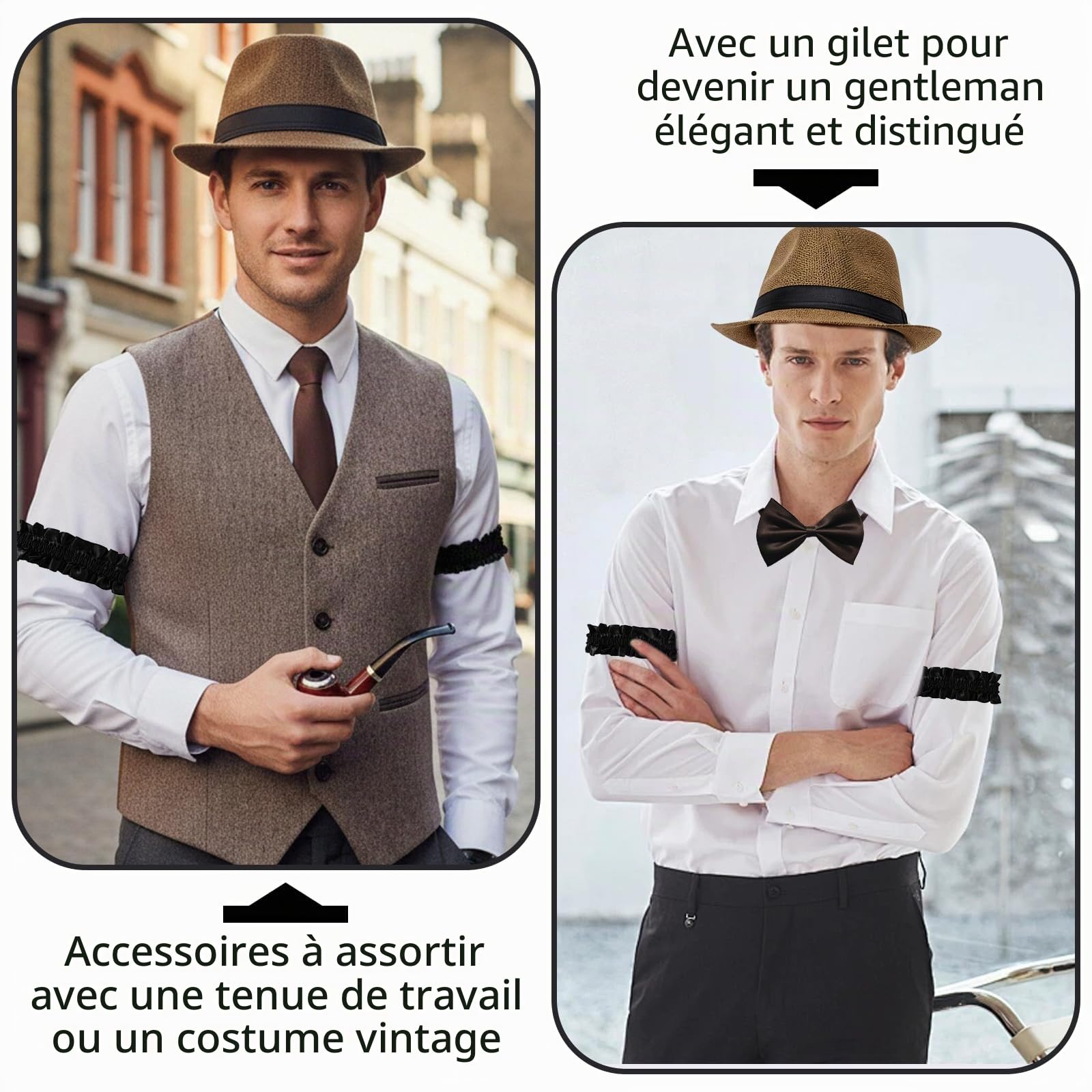 Xerteam Costume des années 20 pour homme, costume des années 20 pour homme, gangster, tenue des années 1920 avec chapeau, gilet marron, cravate, nœud papillon, montre de poche, 6 moustaches