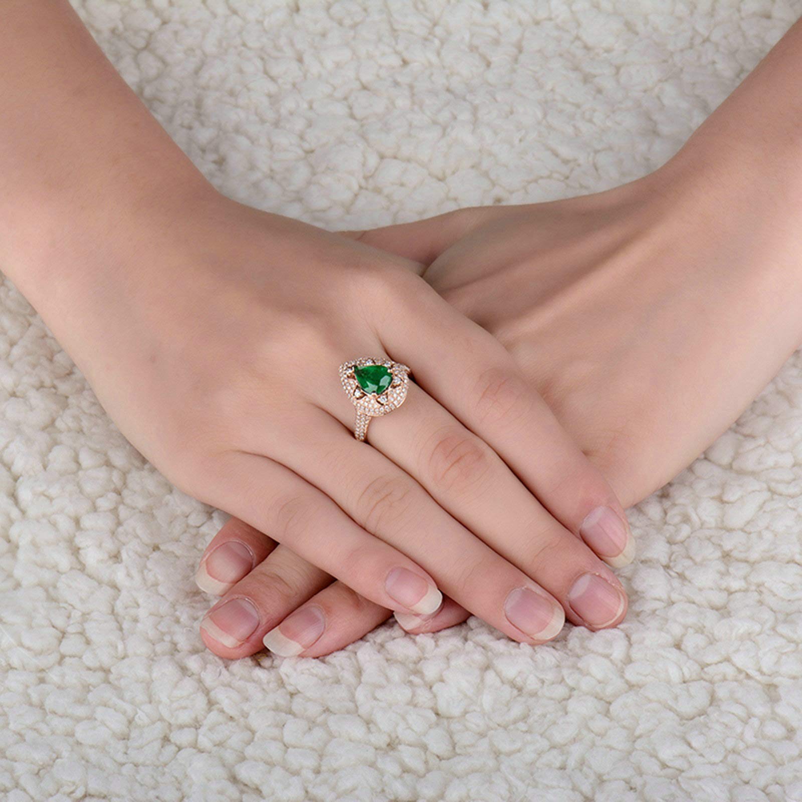 Anillos de boda de oro rosa para mujer, oro real de 18 quilates, 14 quilates, 9 quilates, talla H 1/2-V 1/2, anillos de compromiso de matrimonio con gota de agua con esmeralda de 2 quilates y