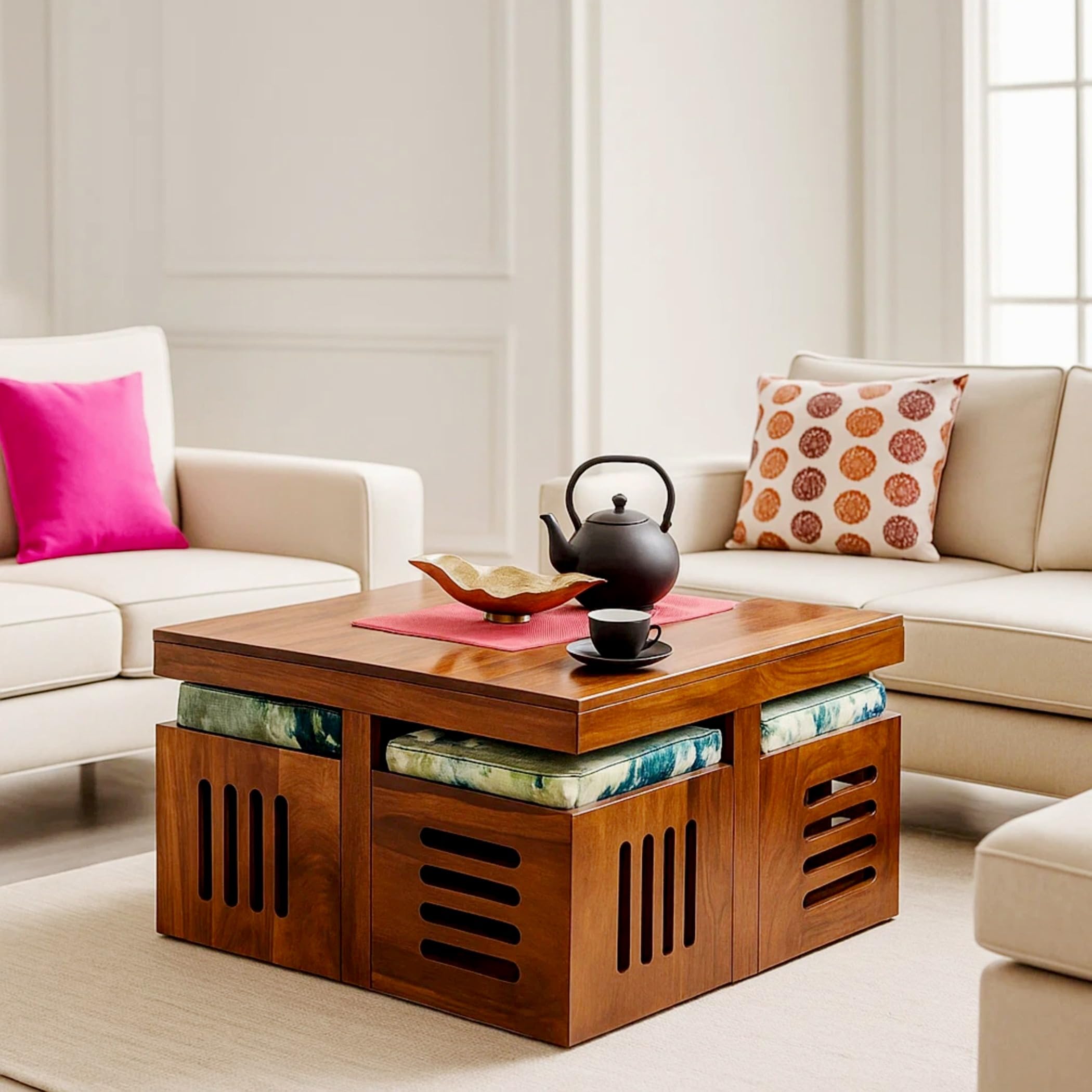 Shri Karni Handicraft Sheesham Wood Center Coffee Table with 4 Cushioned Stool Wooden Teapoye Table for Living Room Home (Brown Finish)