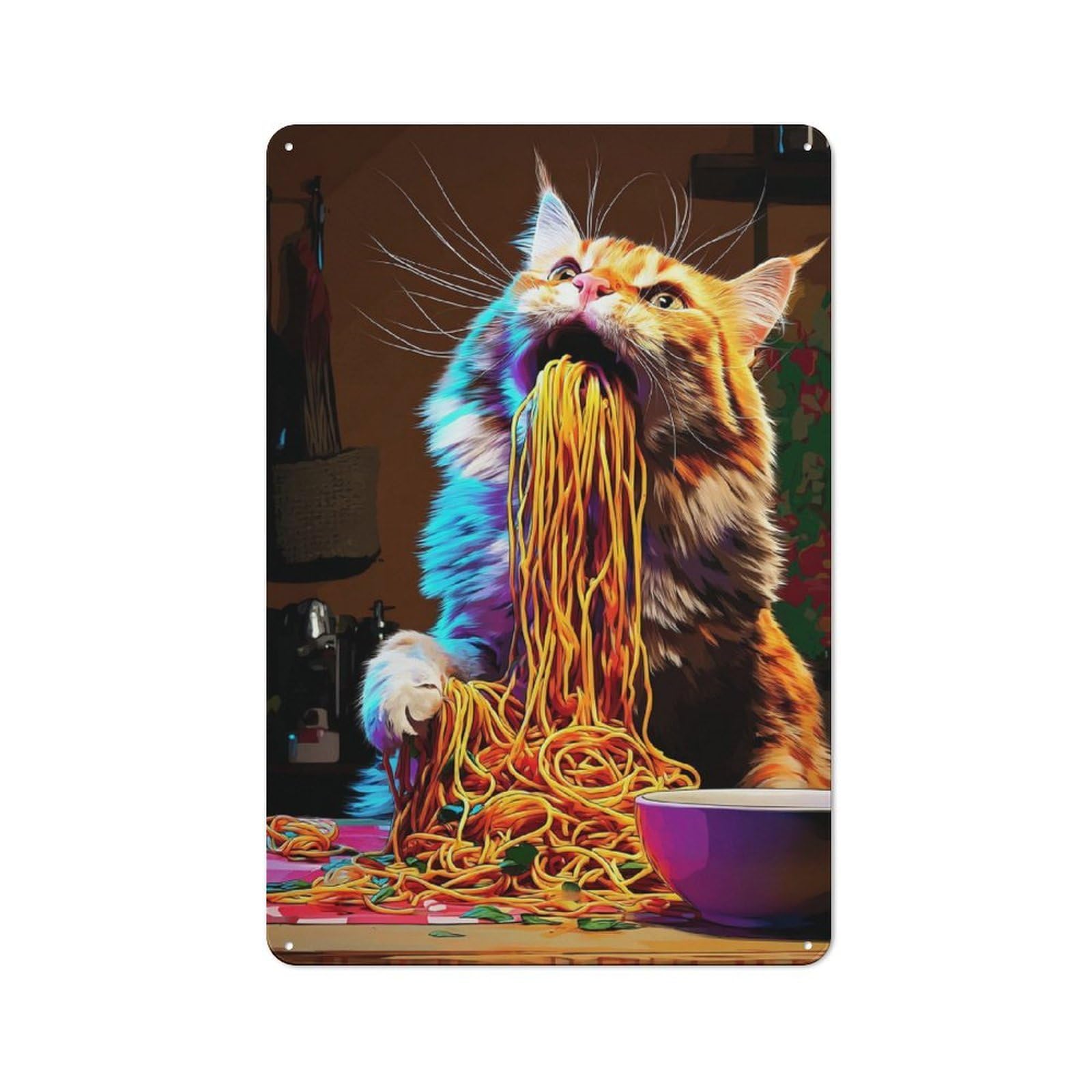 Cat Eating Spaghetti A Whiskered Delight! Vintage Metal Sign 30x20cm, Bistro Style Bistro Wall Plaque for Cafe, Bistro, Bakery Or Restaurant