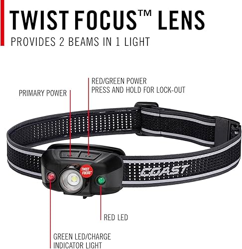 Miniatura 5 de Coast FLX40R - Linterna frontal LED con batería recargable incorporada de 800 lúmenes con lente de enfoque giratorio y correa Coast Ultra