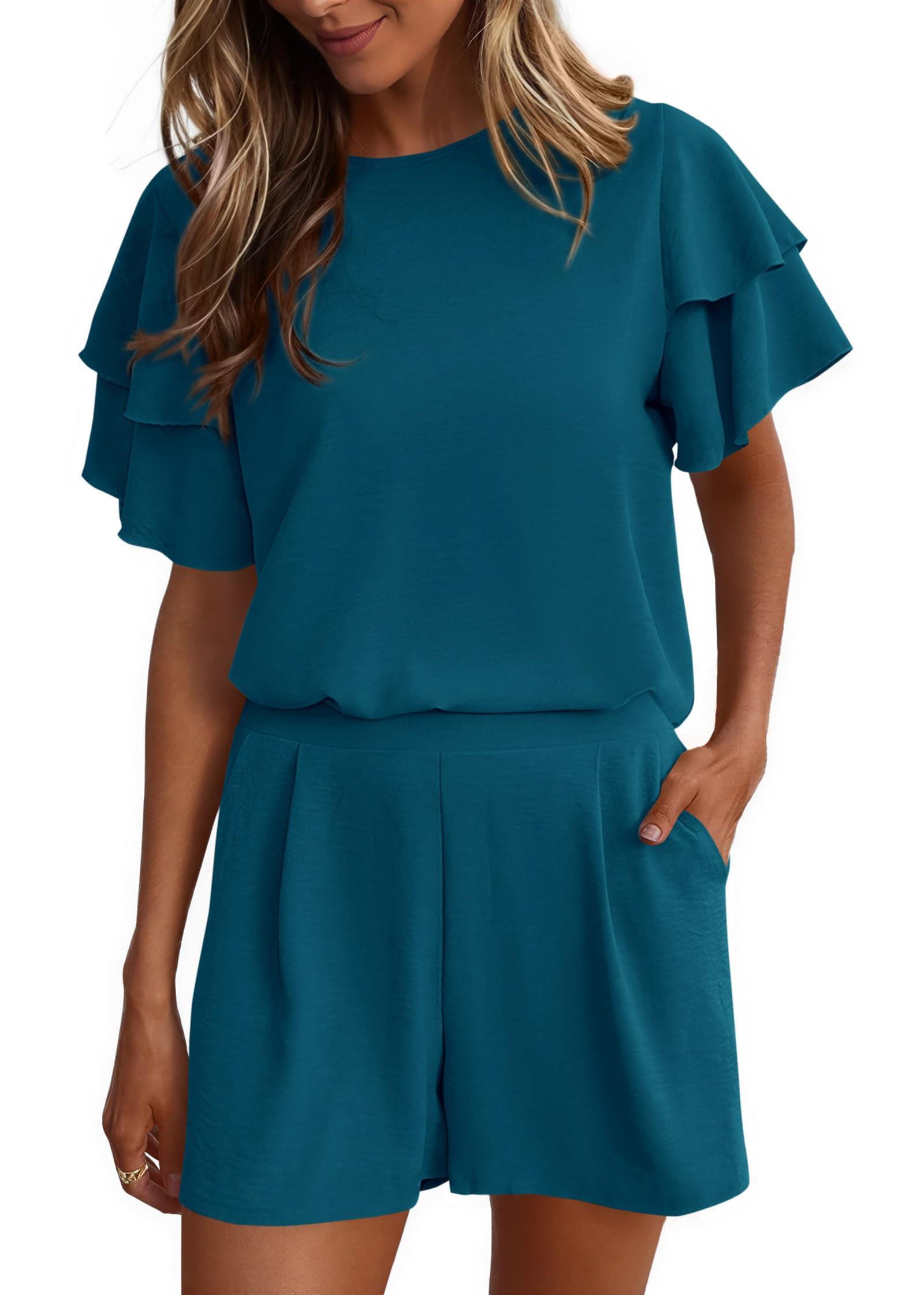 KIRUNDO Two Piece Sets For Women Summer Casual Loose Ruffle Short Sleeve Matching Shorts Sets Beach Vacation Cruise