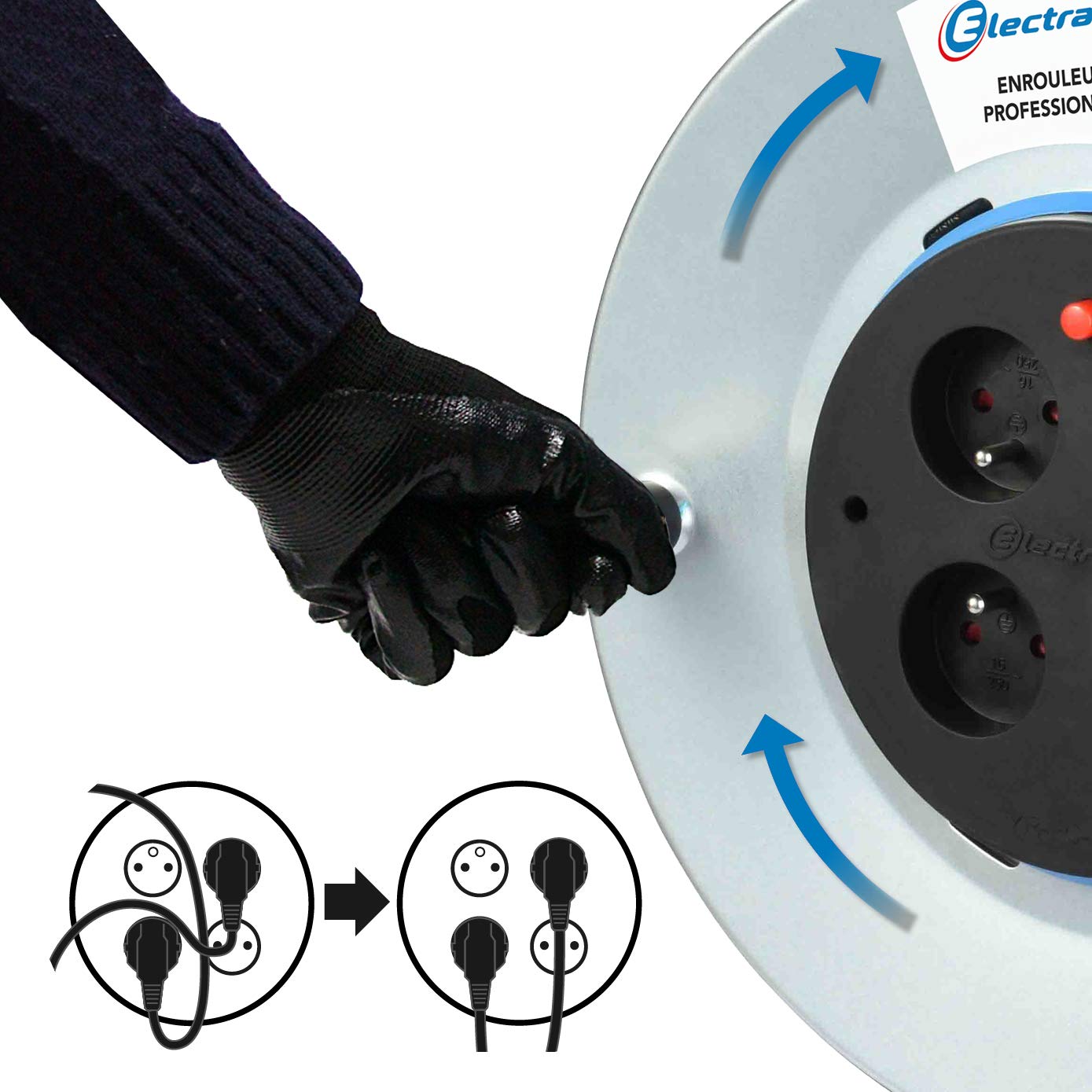 Electraline 208690 Rallonge Prolongateur électrique en Metal 50M 4 prises avec Guide pour le câble, Platine fixe et poignée ergonomique