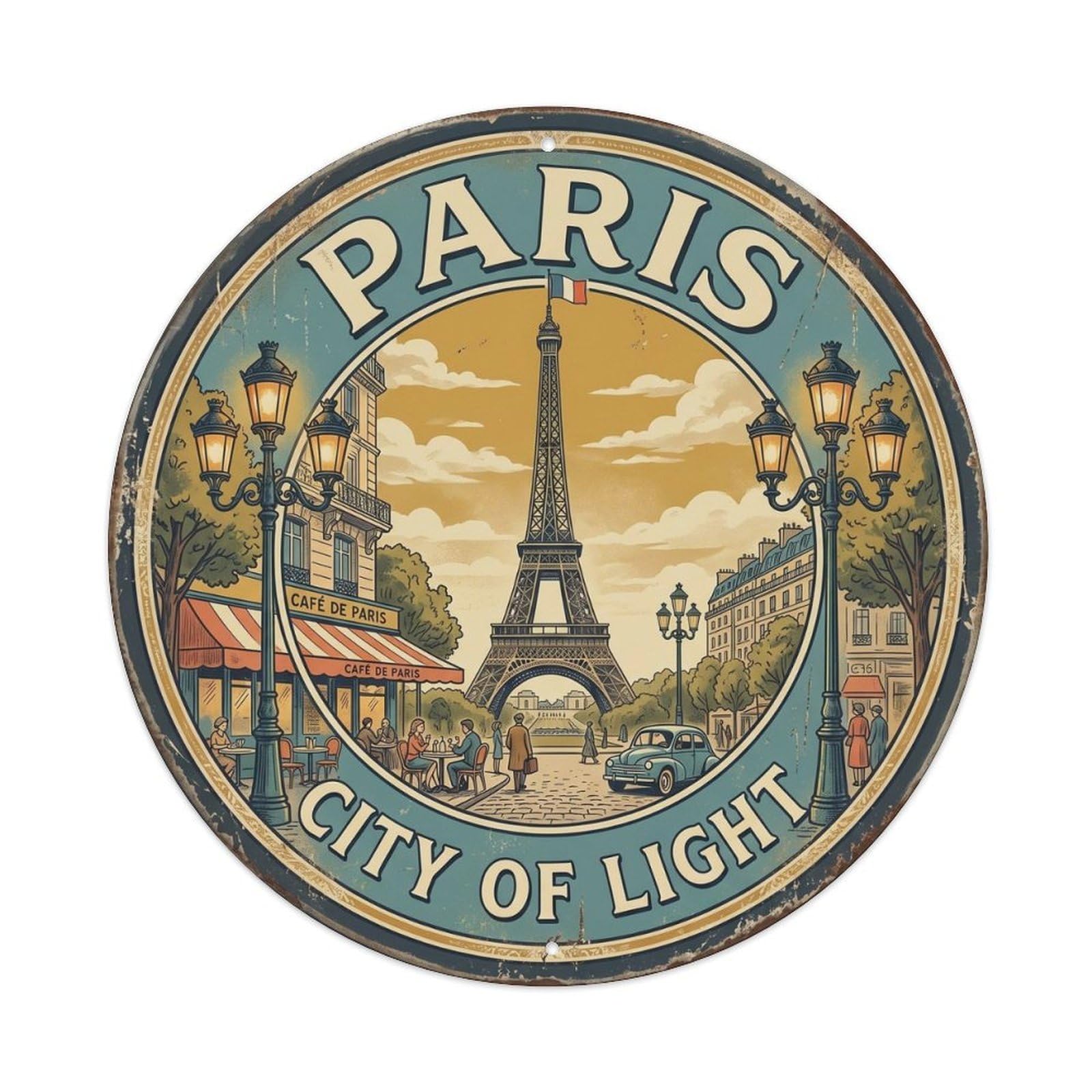 Paris City Light Heritage Destination Scenic Landmark Metal Tin Sign Plaque Wall Decor for Cafe, Man Cave, Club Bar, Office, Home Garden Round Metal Poster 8x8Inch