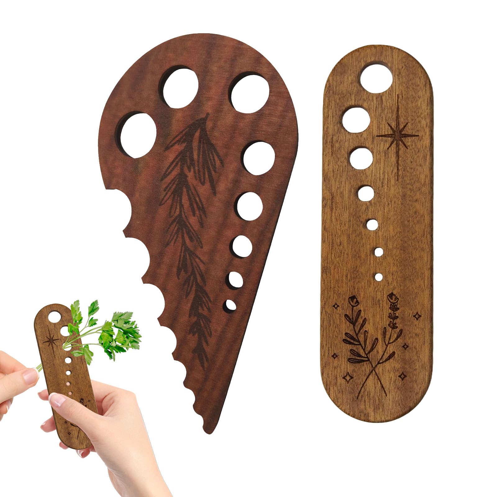 Xiciki 2 Pcs Vegetable Leaf Separator, Wooden Herb Stripper Bowl Ceramic Kitchen Gadget for Home Natural Wood Tone Pottery Herb Stripper Perfect for Cooking Enthusiasts and Chef Gifts