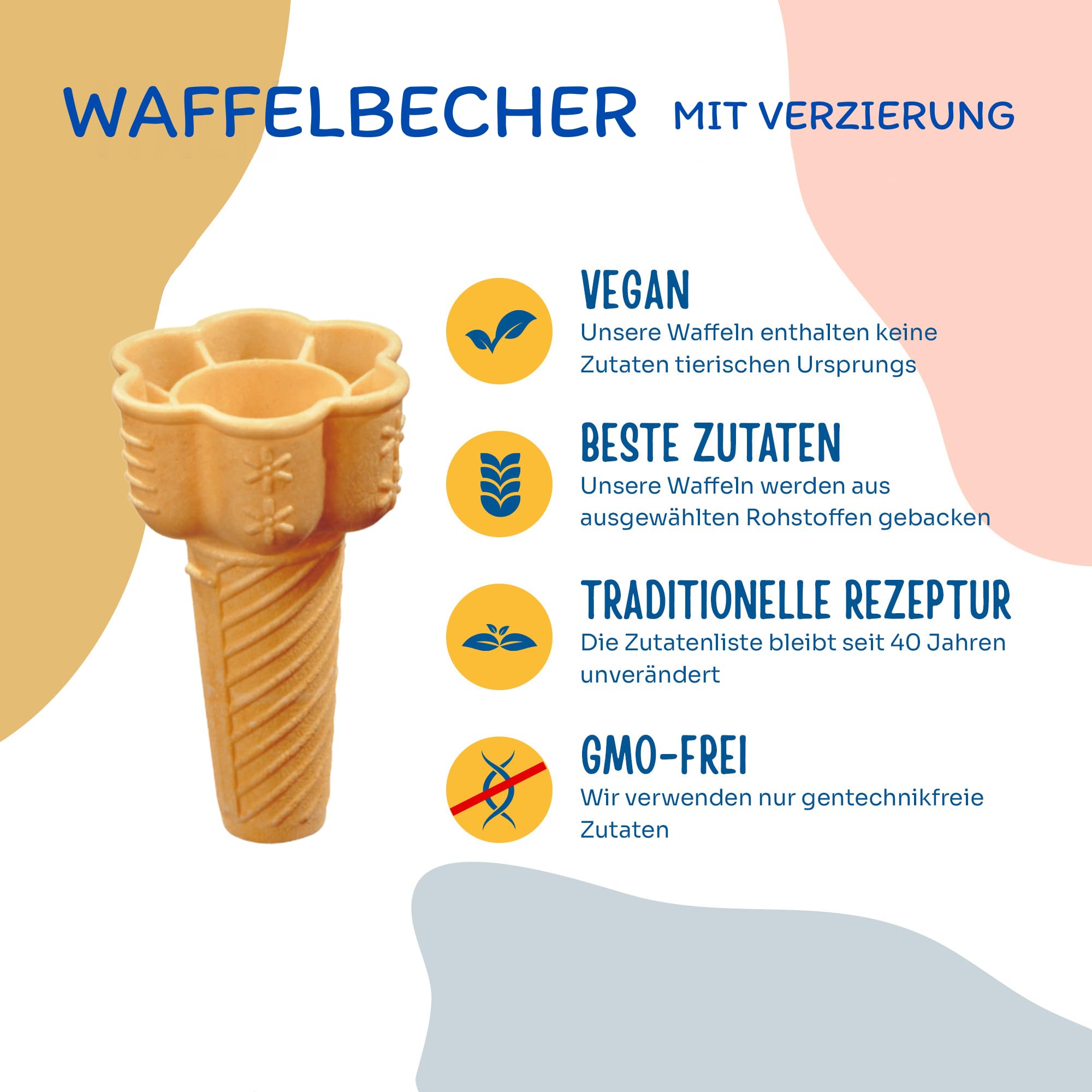 Bazko Waffles - Juego de 300 gofres semidulces para helados de 10 cm / 6,2 cm | Con adorno | crujiente helado suave taza para helado, sorbete, vegano