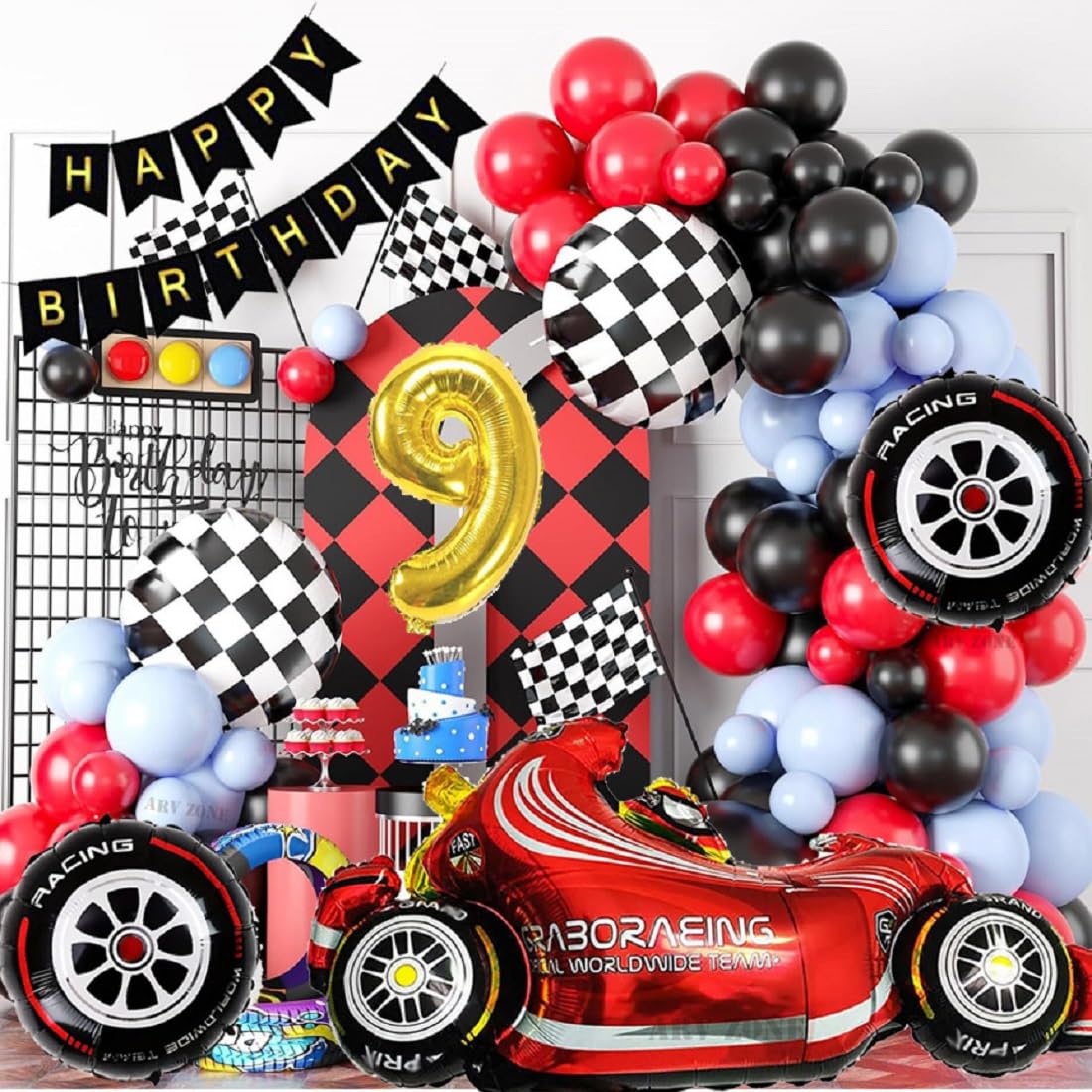 ARV ZONE Racing Car Balloons Party Decorations - 9th Birthday Decorations for Boys, Race Car Balloons Motorbike Wheel Balloons, Race Car Theme Party Decorations (RC 9)