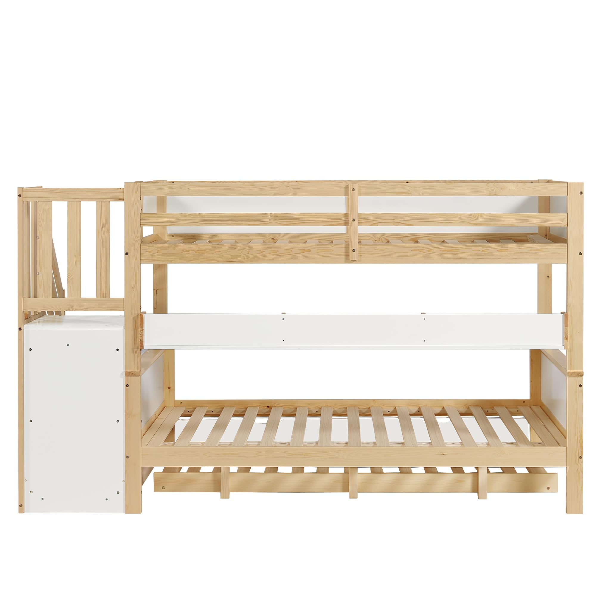 Idemon Lettino a castello, con protezione anticaduta e griglia, progettato con tre posizioni, con letto a rotelle, con armadio, scala angolare, pino+MDF, bianco+naturale, 90 x 200 x 200 x 200 x 200 cm