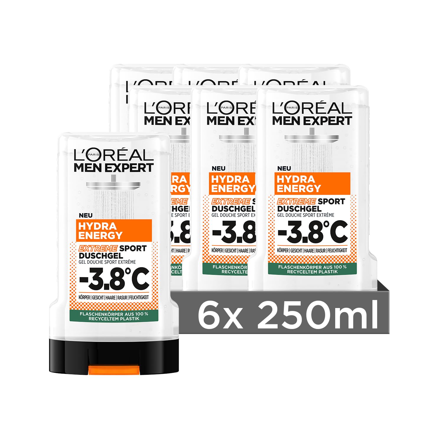 L'Oréal Men Expert Duschgel und Shampoo für Männer, Duschbad zur Reinigung von Körper, Haar und Gesicht, Herren Körperpflege mit kühlendem Effekt -3,8°C, Hydra Energy Extreme Sport, 6 x 250 ml