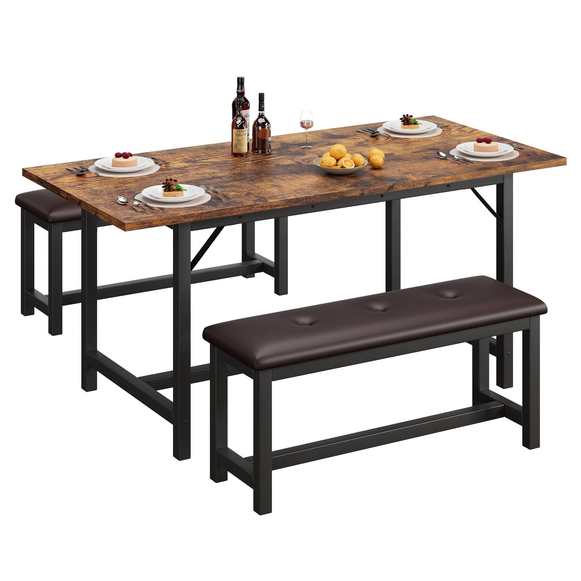 Garvee 63-inch Extendable Dining Table Set with two upholstered benches in a brown finish.
