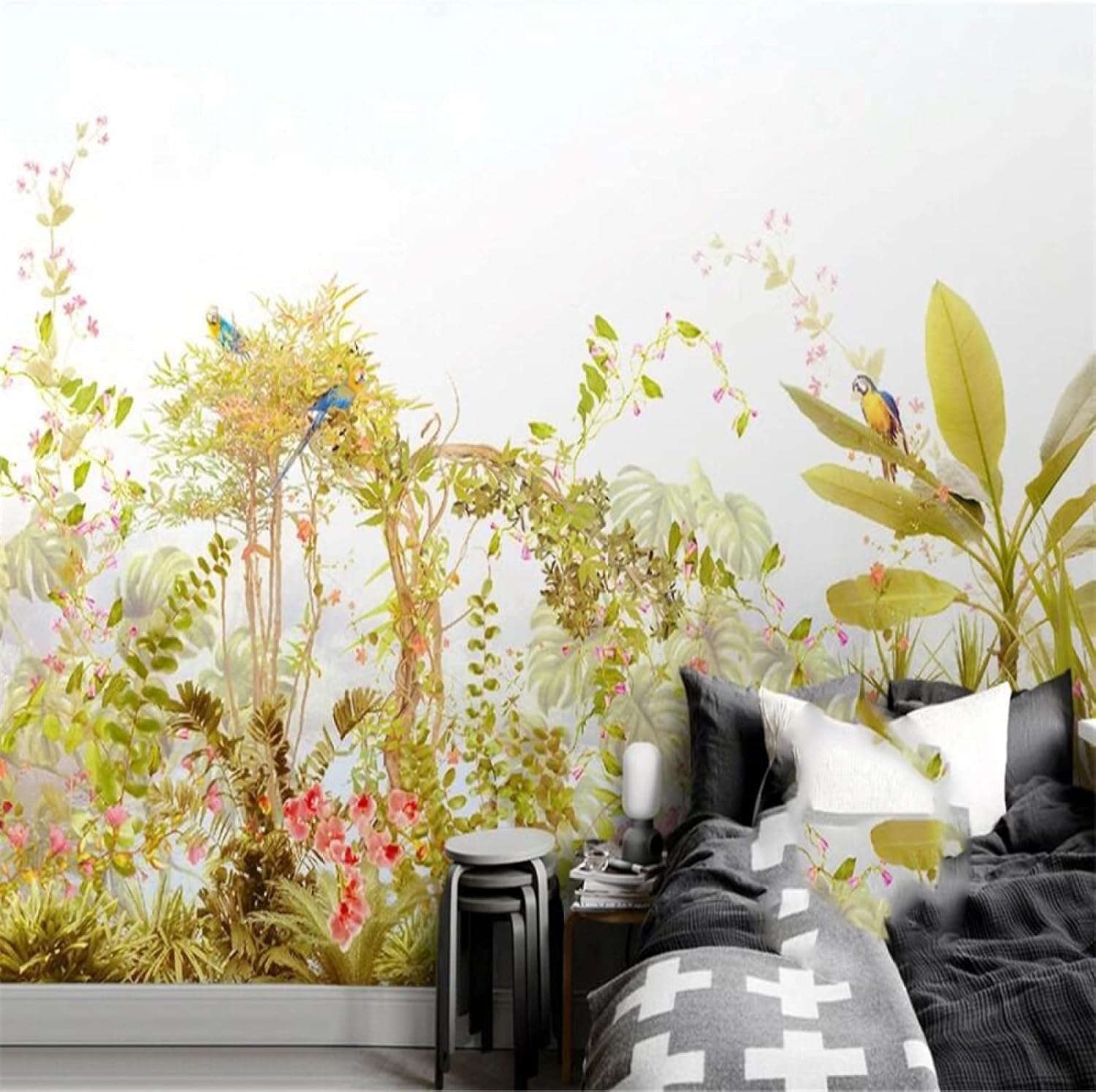 Papier peint 3D plantes feuilles vertes fleurs oiseaux salon canapé TV 150x105cm
