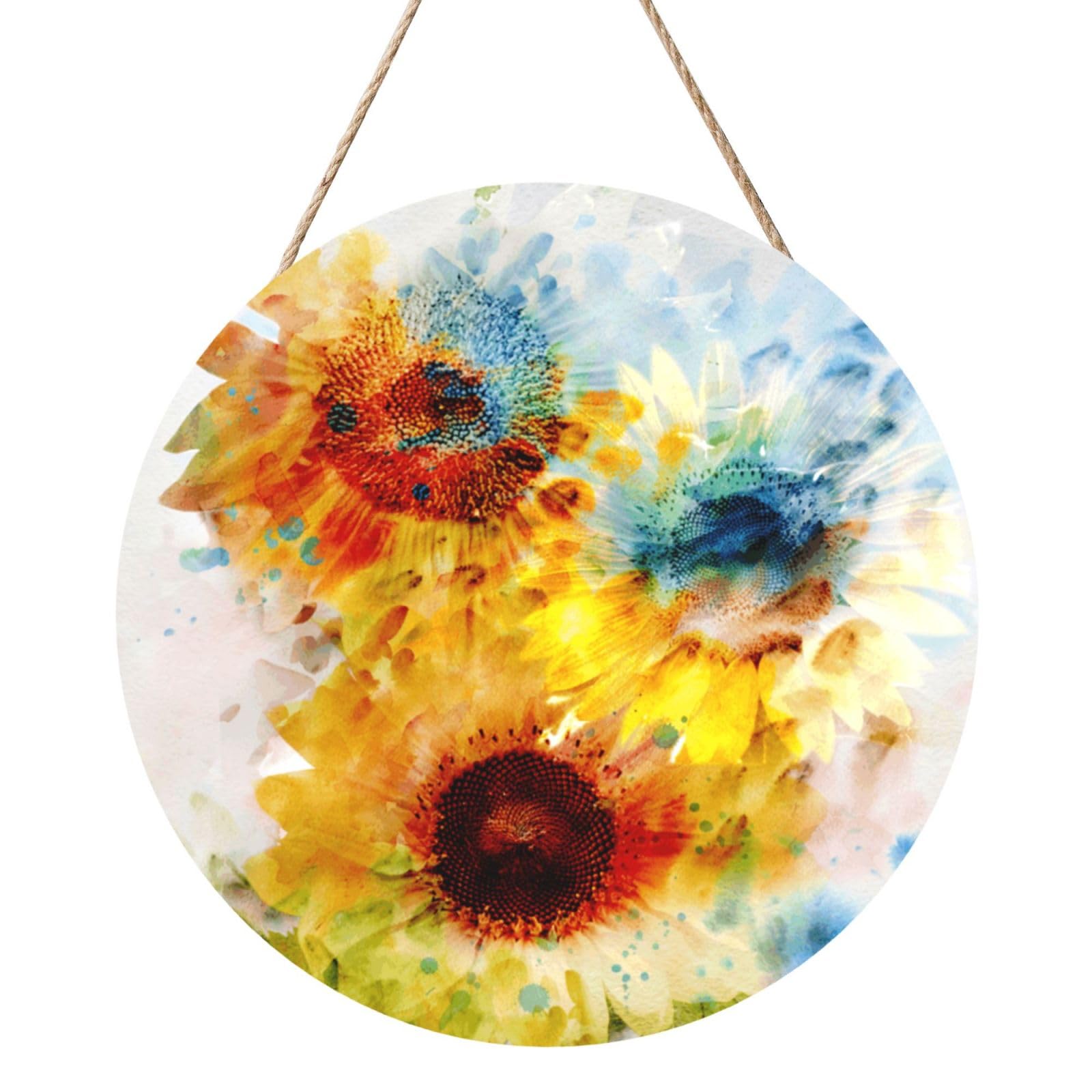 InOmak Sunflowers Floral Beautiful Red, Round Wood Panel Painting 12 in, Wall Hanging Painting For Home