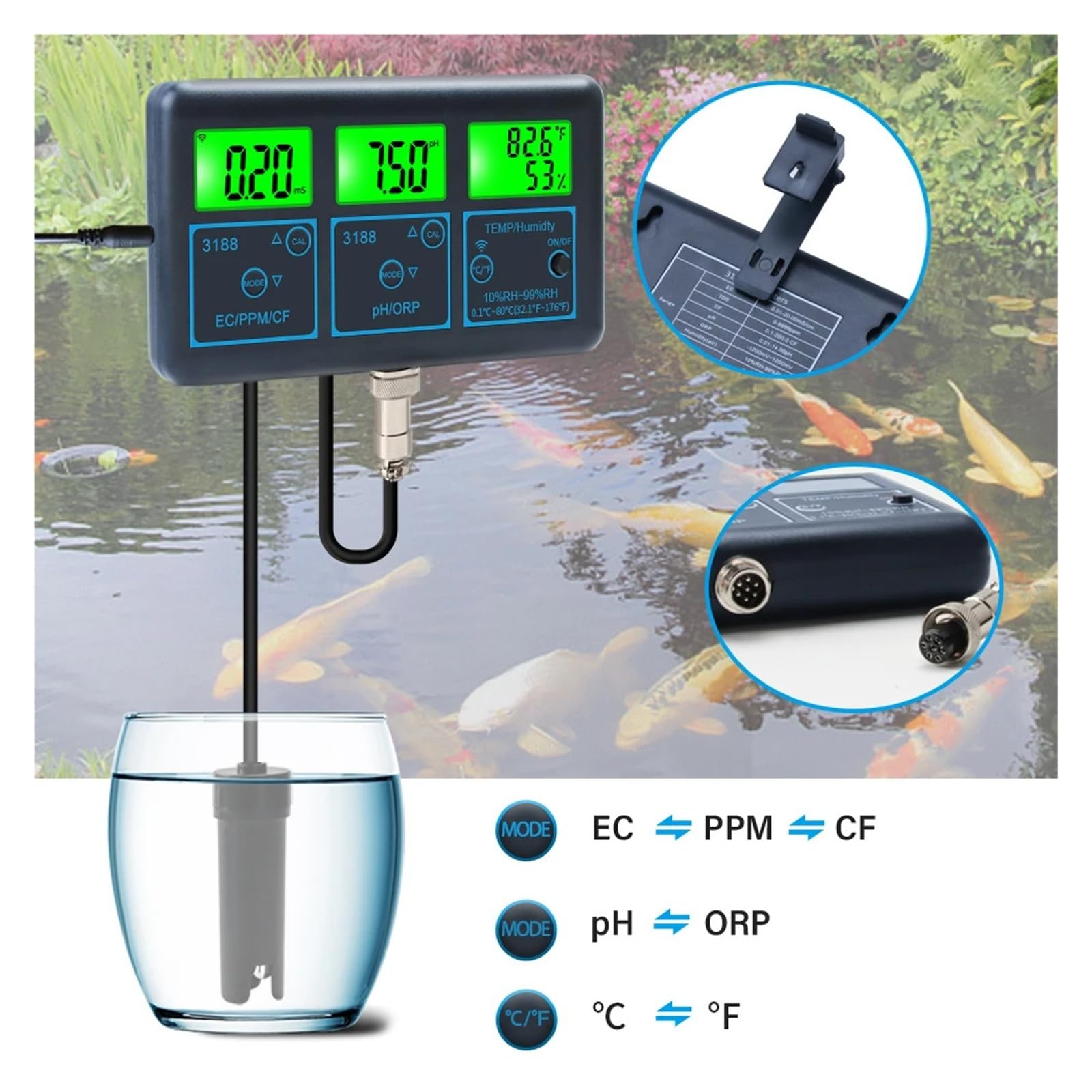 Misuratore di pH WiFi, temperatura, TDS, EC, ORP, tester dell'acqua, analizzatore digitale intelligente con app Tuya,Resistenza alla corrosione