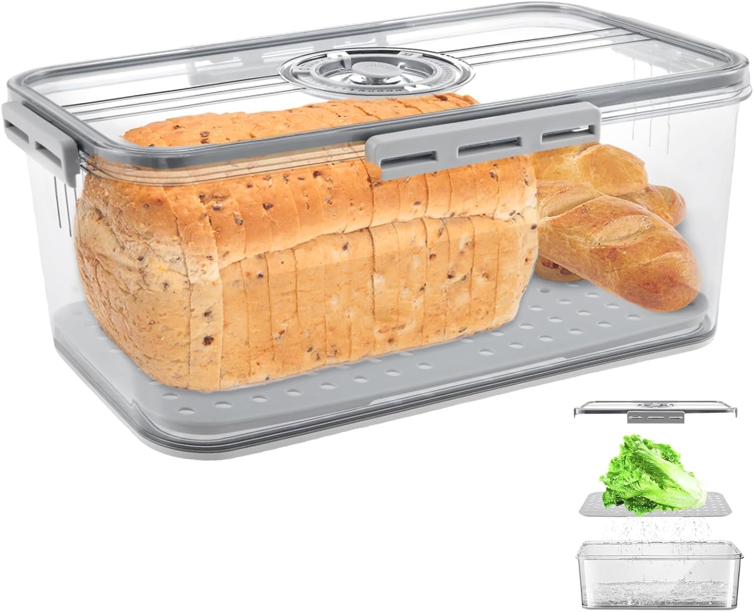 Bread Bin Airtight Bread Bins for Kitchen Counter, Time Recording Bread Box with Lid, Reusable Bread Storage Container, Bread Keeper Box with Air Valve, Bread Loaf Keeper for Bun Bagel Sandwich