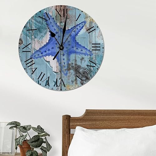 Miniatura 33 de ArogGeld Reloj de pared de PVC de mediados de siglo, concha, números de playa, estilo océano con números romanos de 10 pulgadas, funciona