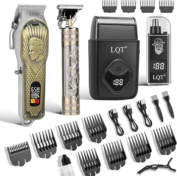 Hair Clippers for Men with LED Power Display, 4-Piece Professional Grooming Kit with Hair Clipper, Detail Trimmer, Foil Shaver & Nose Trimmer, Complete Cordless Set for Home Barber Use