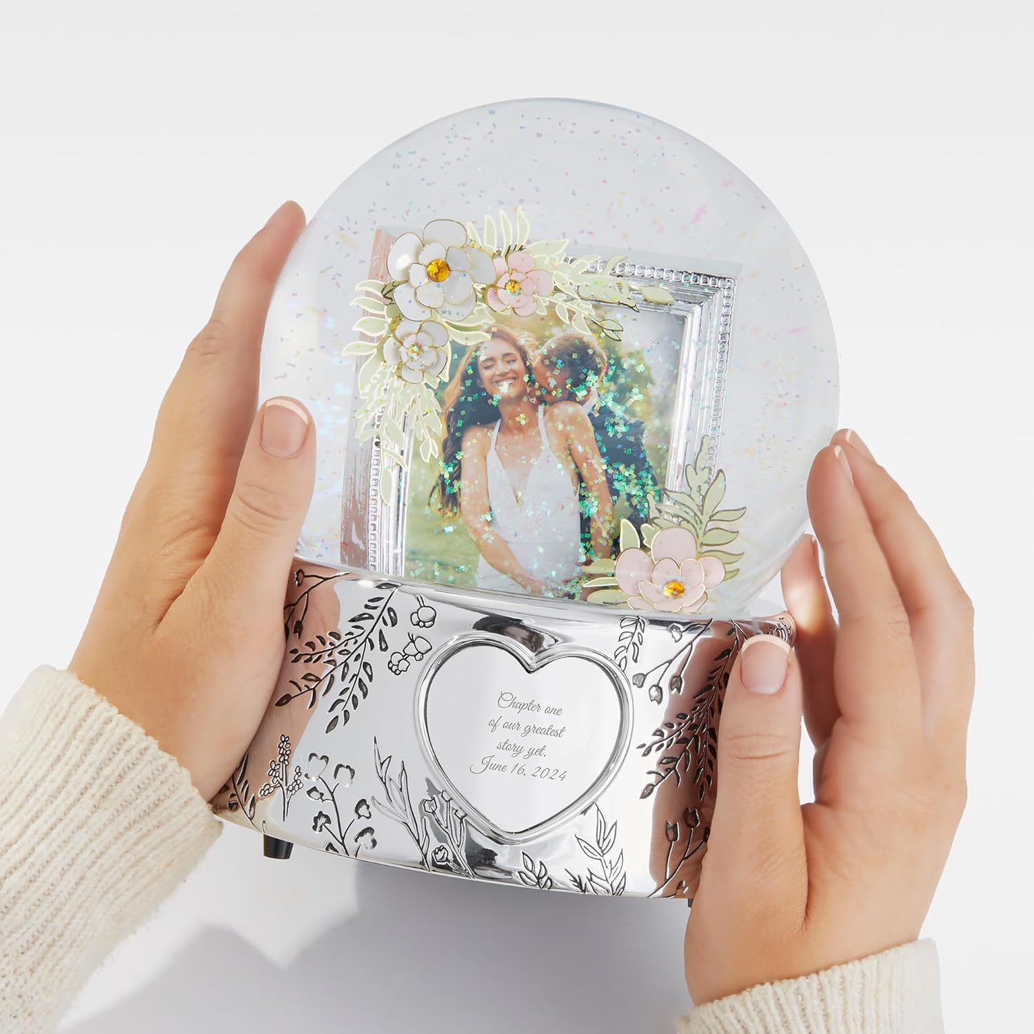 THINGS REMEMBERED Personalized Engraved Floral Photo Musical Snow Globe (Free Customization), Plays Variations on The Theme Music, Beautiful and Unique Custom Gift