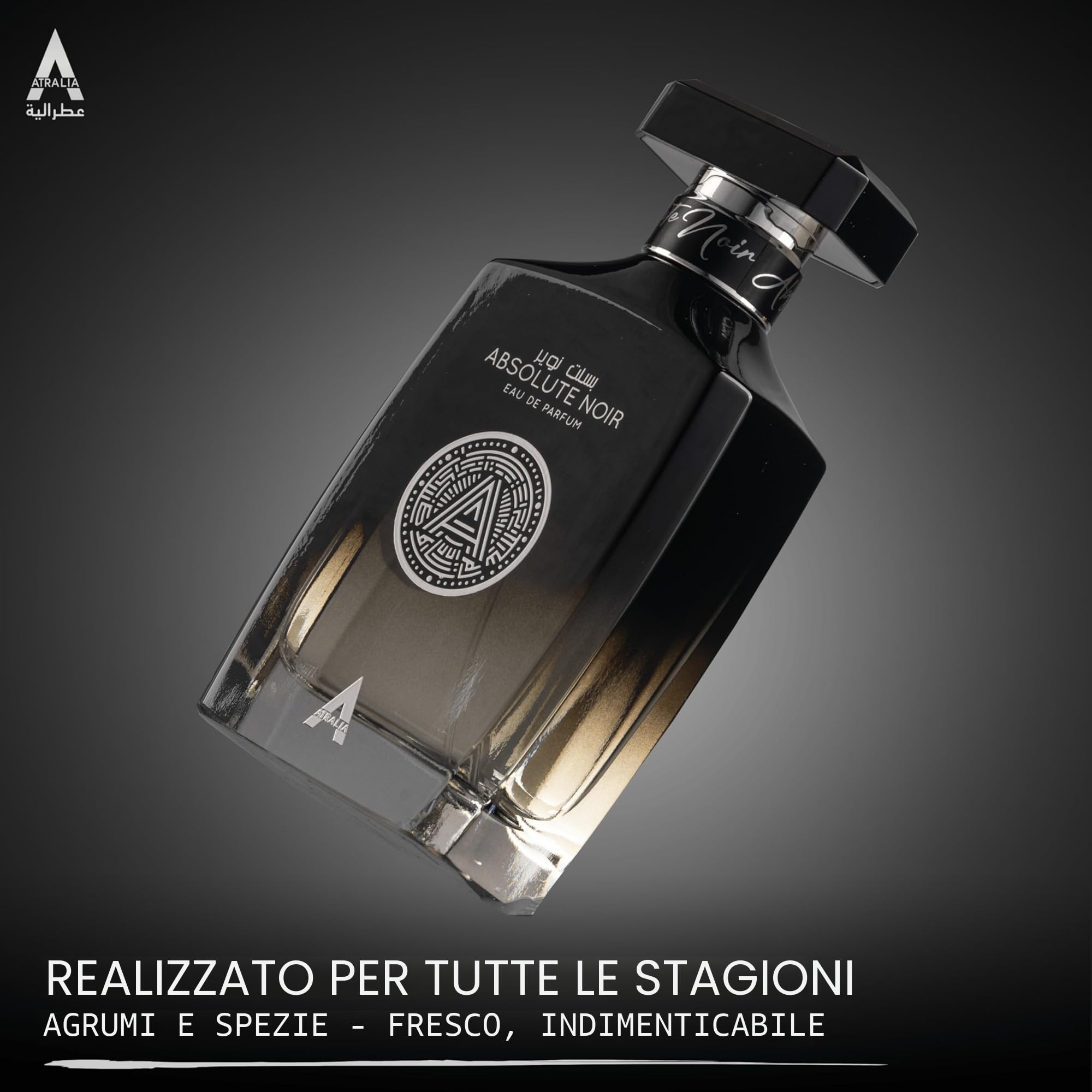 Atralia Absolute Noir Eau De Parfum Uomo 100 Ml 3.4 Oz - Fragranze Lussuose E Durature Con Note Di Fuori Di Bergamotto, Limone, Pompelmo E Pepe Rosa - La Migliore Alternativa Per Absolu Aventu