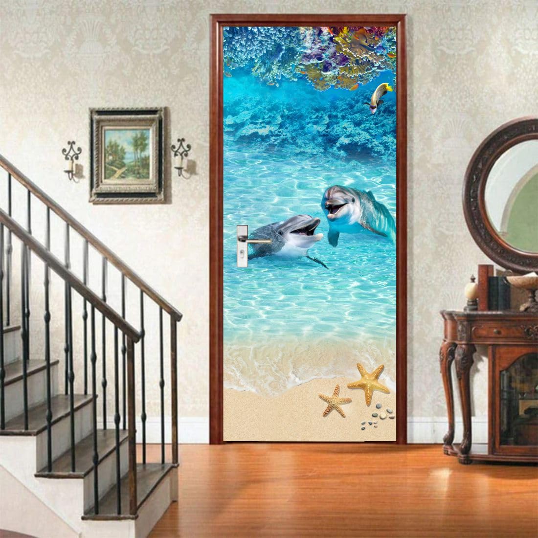 Door Wallpaper Sticker | 3D Floral Peel and Stick Vinyl Wrap 78 x 30 Inch | Waterproof Removable Self-Adhesive Door Cover (Calm Blue Seaside)-image-11