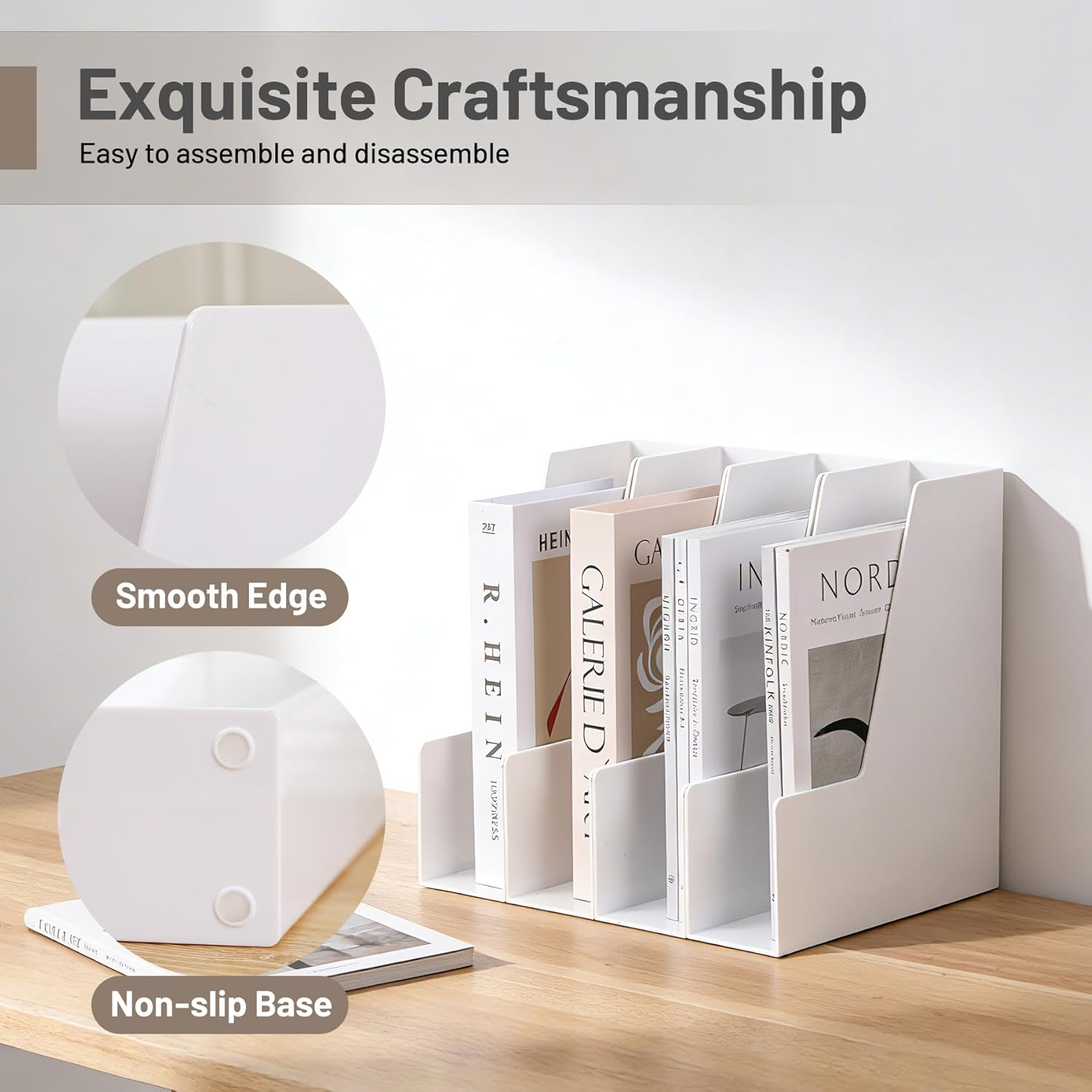 CiWiVOKi Vertical Magazine File Holder, Desk Organizer and Storage for Magazines, Binders, Notebooks, Envelopes, Multi-Purpose Desktop File Organizer for Home, Office & Classroom, 4 Pack, White