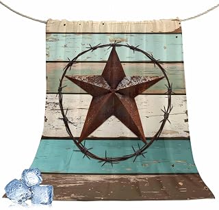 DecorLovee Cooling Blanket for Hot Sleepers, Texas Star Western Lightweight Ice Blanket for Night Sweats, Vintage Teal Brown Wooden Farmhouse Summer Cooling Throw Blankets for Bed/Sofa/Travel 30"x40"