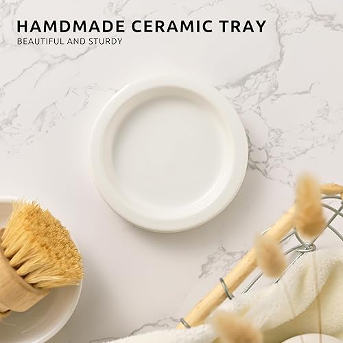 Miniatura 6 de juego de dispensador de jabón de vidrio con bandeja de cerámica, accesorios de baño de lujo, decoración moderna de cocina (blanco + plateado (jabón