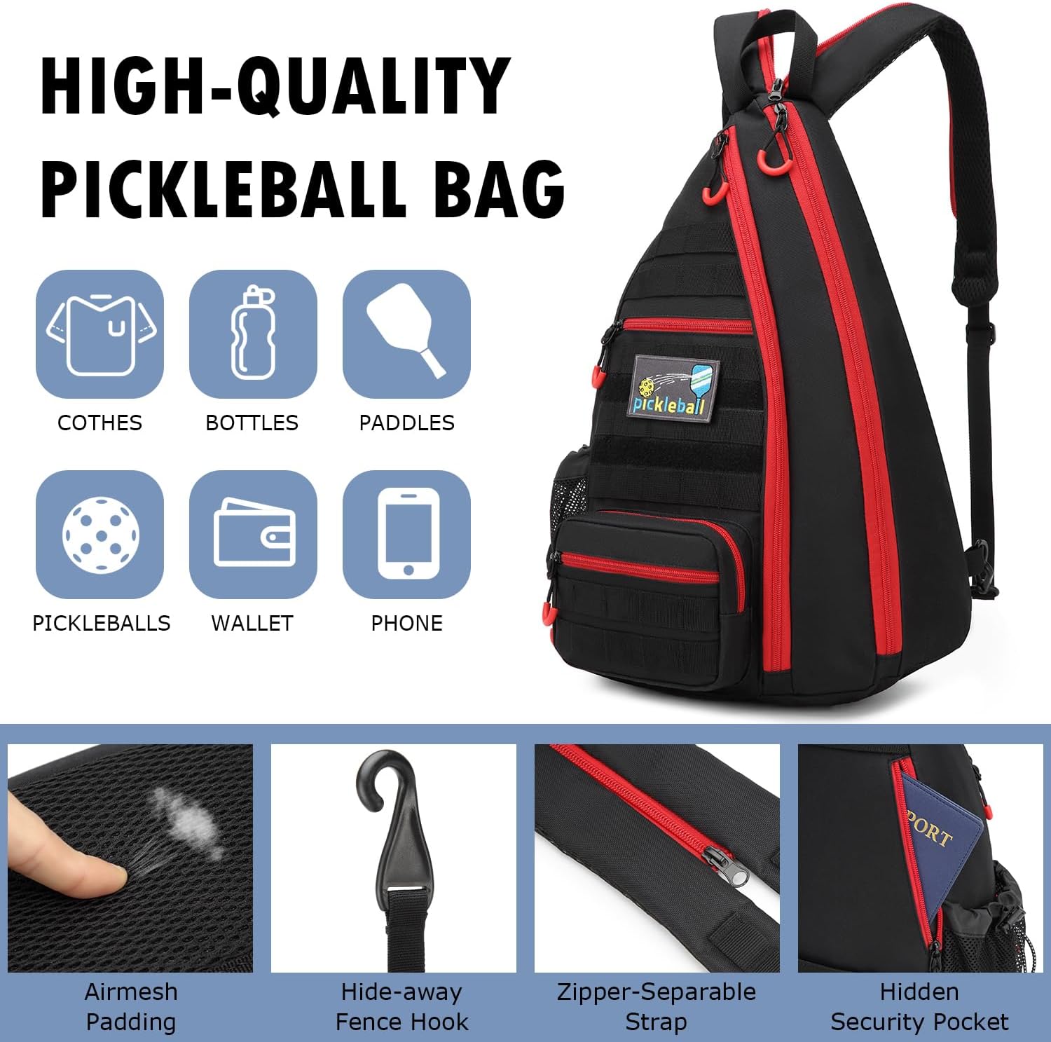 Pickleball Bag, Tactical Pickleball Backpack for Men Women | Adjustable Sling Bag with Fence Hook Water Bottle (Includes 2 Patches+1Carabiner)