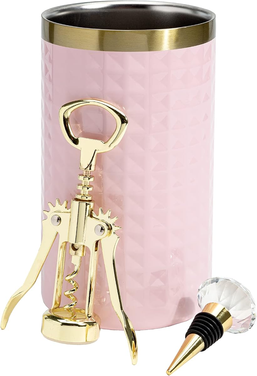Paris Hilton Juego de enfriador de botellas de vino, enfriador de doble pared aislado, abridor de botellas de vino con sacacorchos con alas doradas, tapón de vino de diamante, juego de 3 piezas, rosa