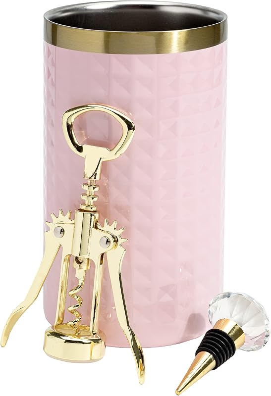 Paris Hilton Juego de enfriador de botellas de vino, enfriador de doble pared aislado, abridor de botellas de vino con sacacorchos con alas doradas, tapón de vino de diamante, juego de 3 piezas, rosa