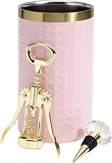 Paris Hilton Wine Bottle Chiller Set, Insulated Double Wall Chiller, Gold Winged Corkscrew Wine Bottle Opener, Diamond Wine Stopper, 3-Piece Set, Pink