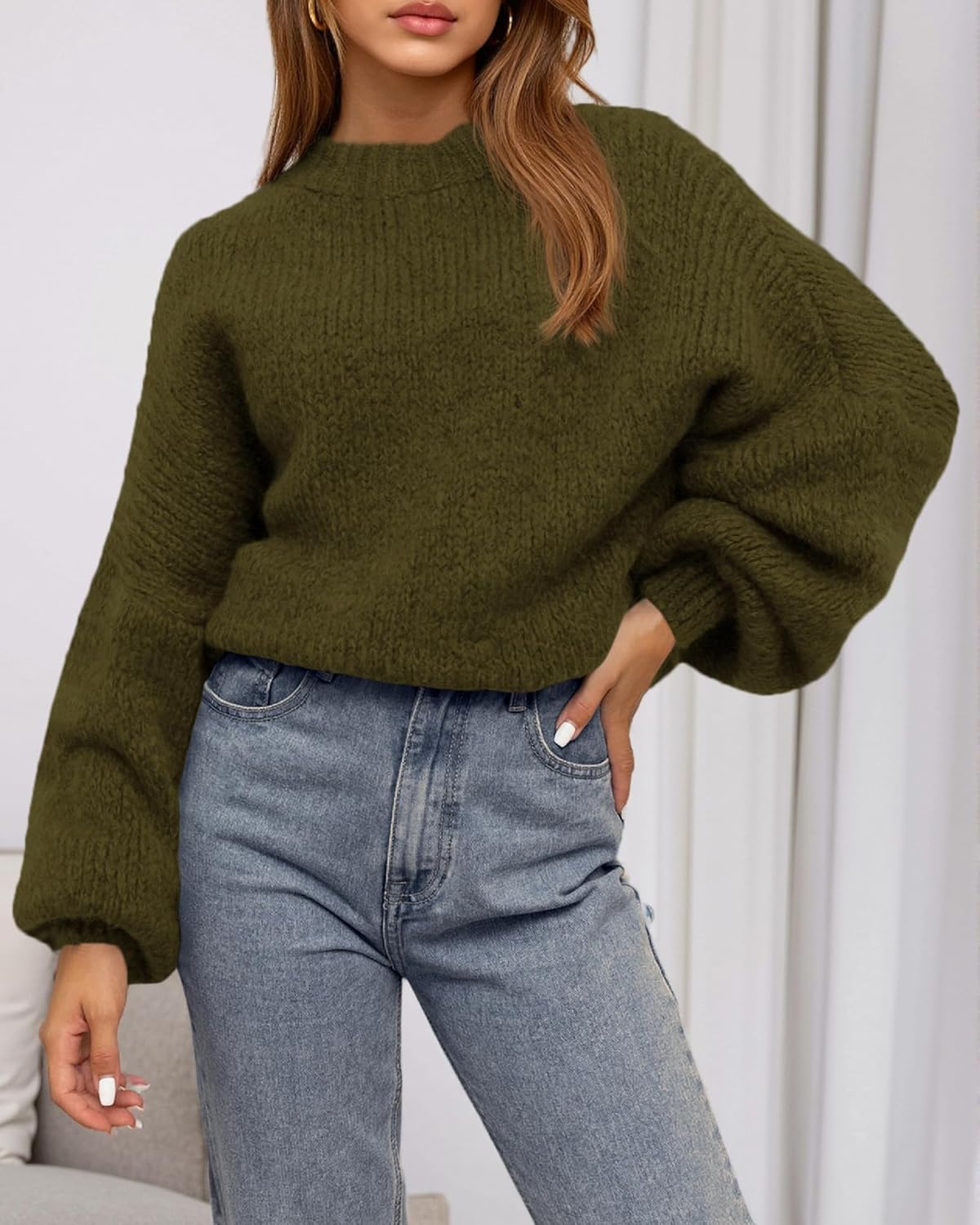 BTFBM Sweaters for Women Fall 2026 Crew Neck Lantern Long Sleeve Oversized Sweater Casual Knit Winter Pullover Tops - Image 5