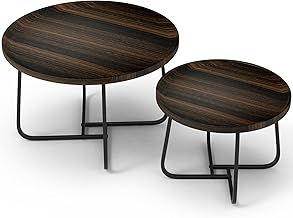 LEWE Living Room Coffee Tables, Set of 2, Round Coffee Table, Wooden Top, Black Metal Frame, Living Room Tables, Living Room Table, Waterproof and Durable, Solid and Sturdy – Dark Brown