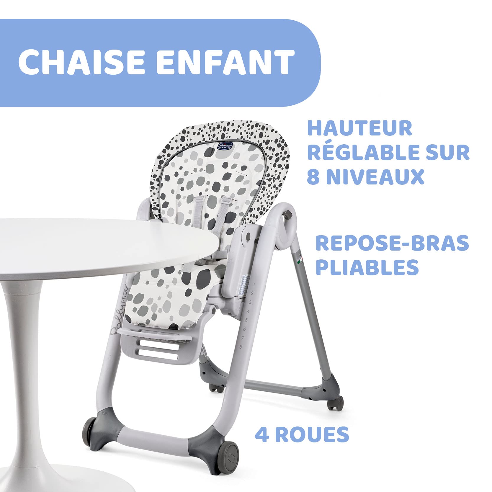 Chicco Polly Progres5 Chaise Haute Évolutive, Convertible en Transat et Rehausseur pour Bébé, Réglable de la Naissance à 3 ans (15 kg), avec 4 Roues, Fermeture Compacte - anthracite