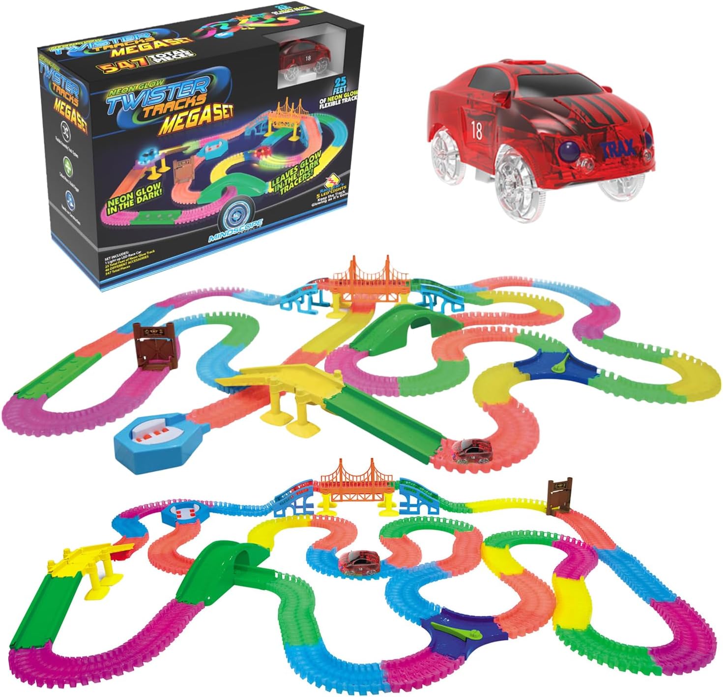 Mindscope Twister Tracks Mega Set Neon Glow in The Dark Flexible Track System with 547 Pieces Over 25 Feet of Track & Accessories