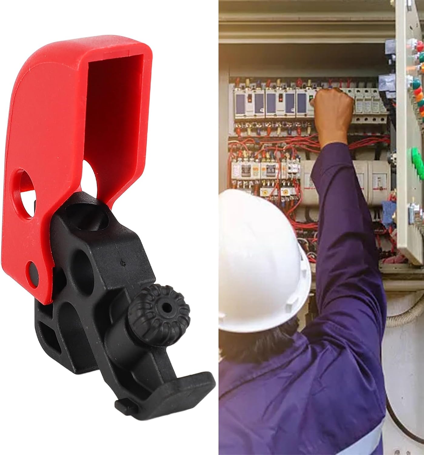 Pilipane Circuit Breaker Lockout Device Universal Adjustable Clamp On Single Pole Electrical Breaker Lockout Tangout Easy Install Durable Engineering Plastic for Industrial Safety Equipment