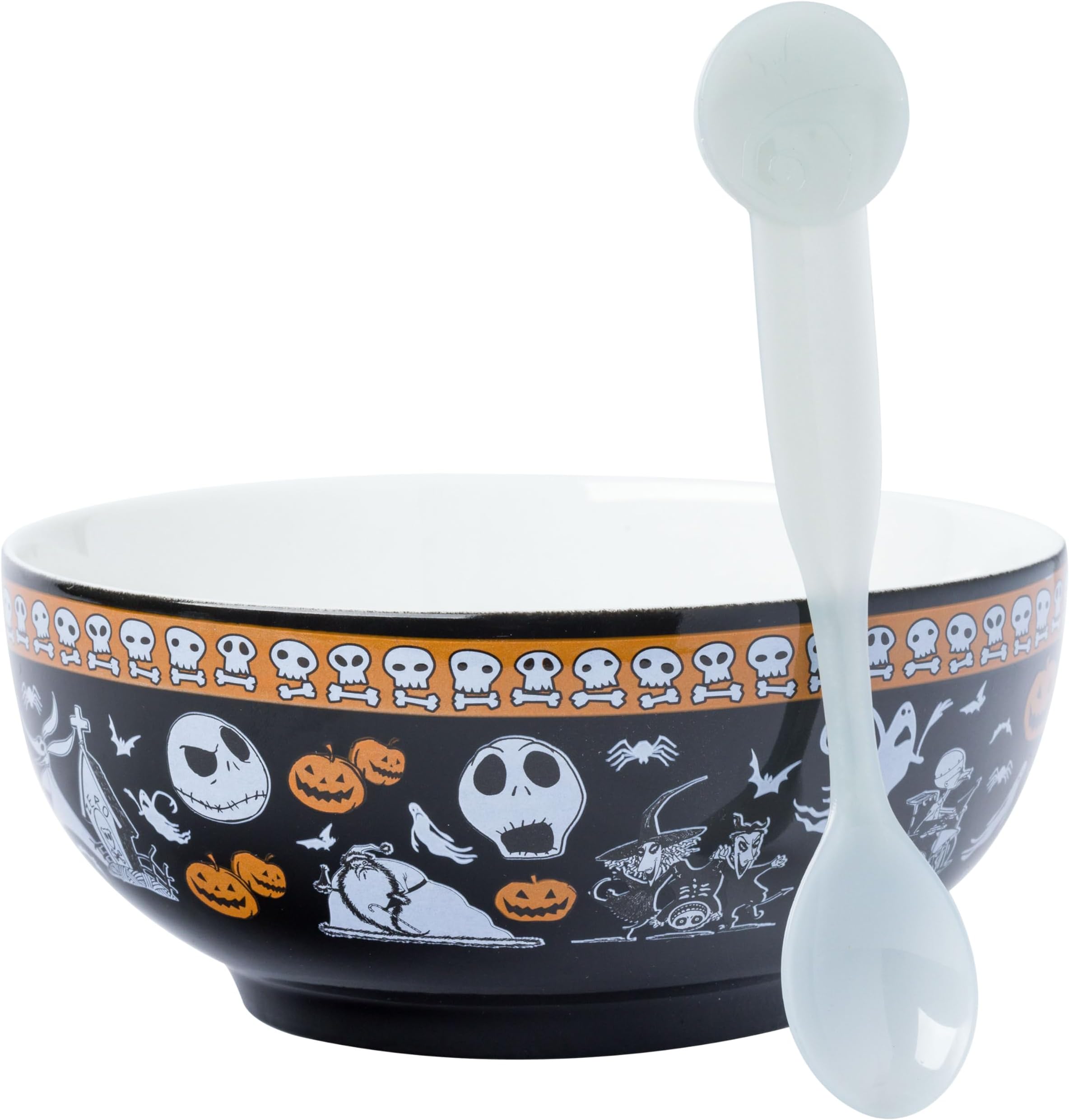 Silver Buffalo Disney Tim Burton's Nightmare Before Christmas Featuring Jack Skellington, Oogie Boogie, Sally, Dr. Finkelstein, Lock, Barrel, and Zero Ceramic Bowl with Color Changing Spoon, 28 Ounces