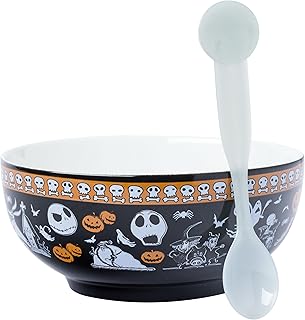 Disney Tim Burton's Nightmare Before Christmas Featuring Jack Skellington, Oogie Boogie, Sally, Dr. Finkelstein, Lock, Barrel, and Zero Ceramic Bowl with Color Changing Spoon, 28 Ounces