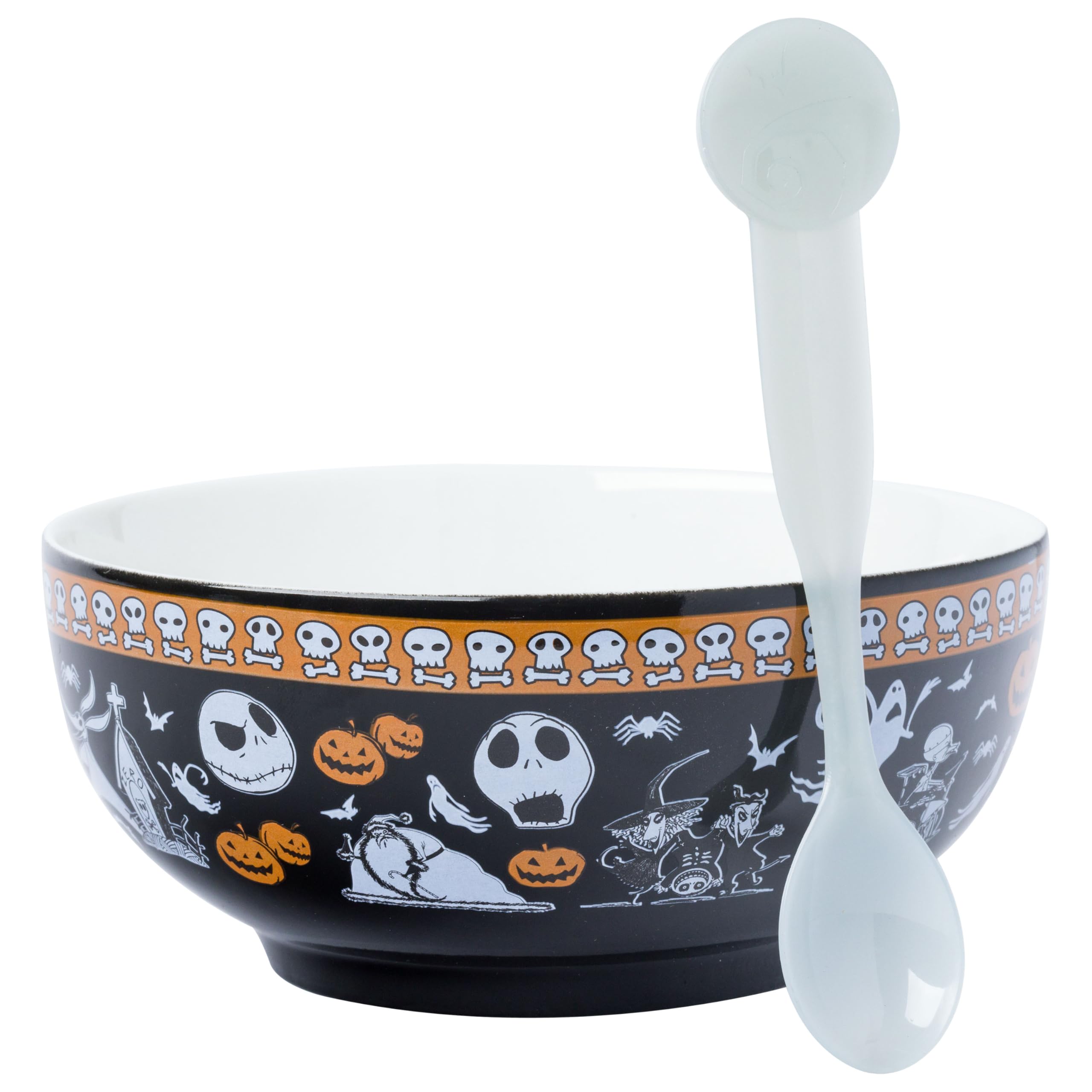 Disney Tim Burton's Nightmare Before Christmas Featuring Jack Skellington, Oogie Boogie, Sally, Dr. Finkelstein, Lock, Barrel, and Zero Ceramic Bowl with Color Changing Spoon, 28 Ounces