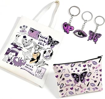 5-Piece Singer Fans Set with 1 Purple Printed Canvas Tote Bag 39 * 34cm, 1 Makeup Pouch 25 * 17cm and 3 Keychains, Music Lover Gift, Purple Music Bag for Concerts and Gifts