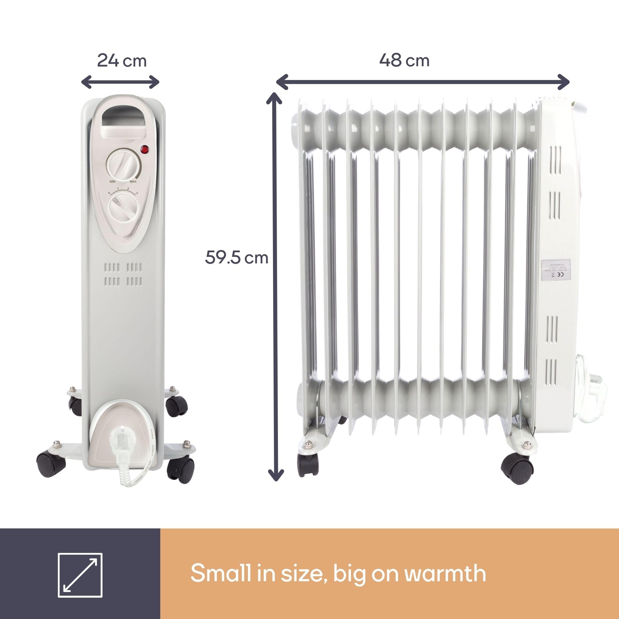Perel Radiador de aceite de 2500W con 11 elementos, 3 niveles de calor, termostato ajustable, asa, ruedas, protección contra sobrecalentamiento y vuelco, calefactor portátil, silencioso y eficiente