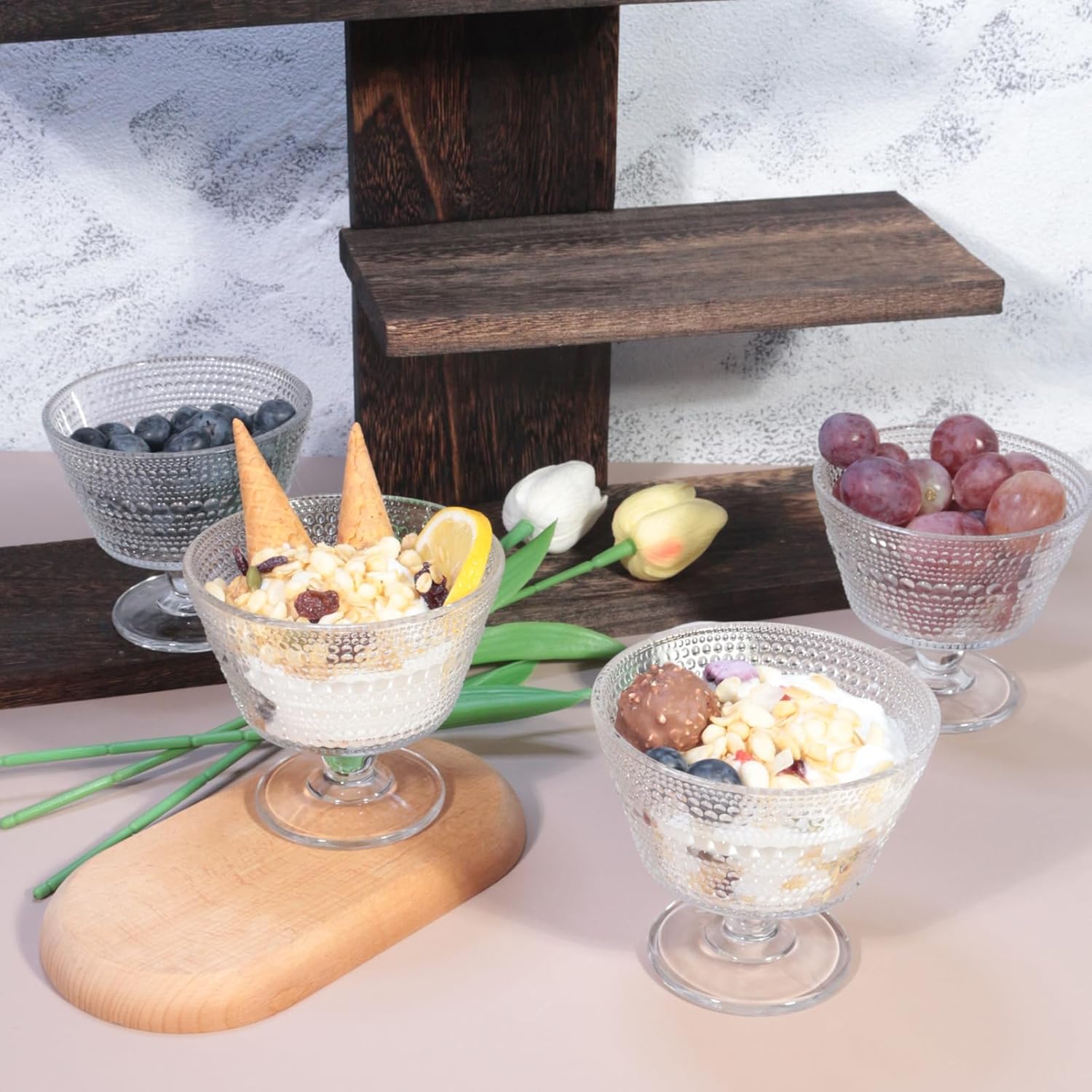 Glass Dessert Bowls Breakfast Cups,Dessert cups Set of 4, 9oz Glass Ice Cream Sundae Cups，Glass Dessert Bowls, For oats，Ice Cream, Milk, Sorbet, Yogurt (4PCS), Transparent, D-1059 - Image 3
