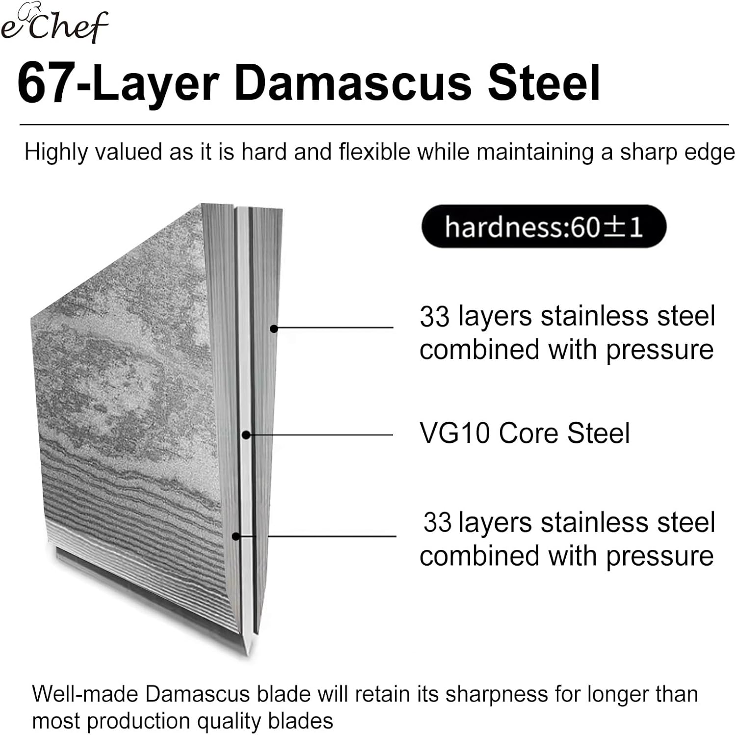 8-Inch Damascus Chef's Knife, VG10 Steel, Japanese Kitchen Knife, 67-Layer Hand-Forged Damascus Cooking Knife, G10 Handle, Elegant Gift Box (8-inch chef's knife)