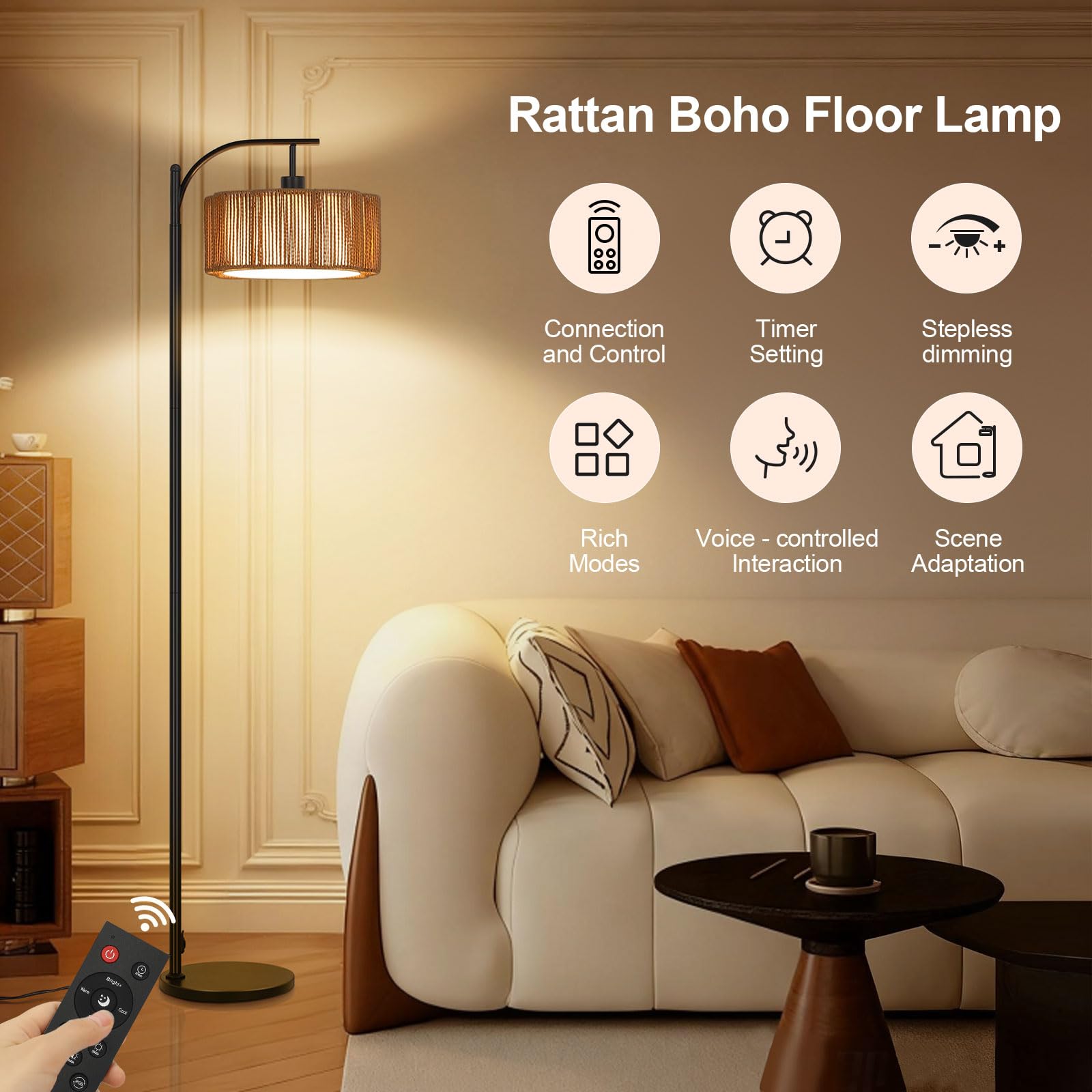 Lámpara de Pie RGB Regulable con APP y Mando a Distancia, Lámpara de Pie Inteligente Ratán Boho con Temporizador, Modo Música y DIY, Bombilla E27 Incluida, para Salón Dormitorio Oficina