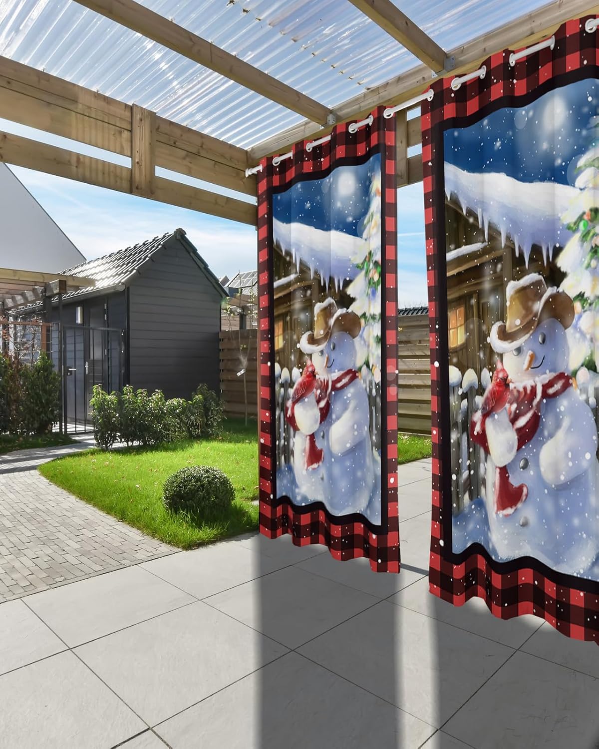 Outdoor Curtains, Cute Snowman Red Birds Wooden House Weatherproof Waterproof Grommet Window Curtain Panel Winter Farm Barn Indoor/Outdoor Privacy Drape 2 Panels with Tiebacks 52"x84"